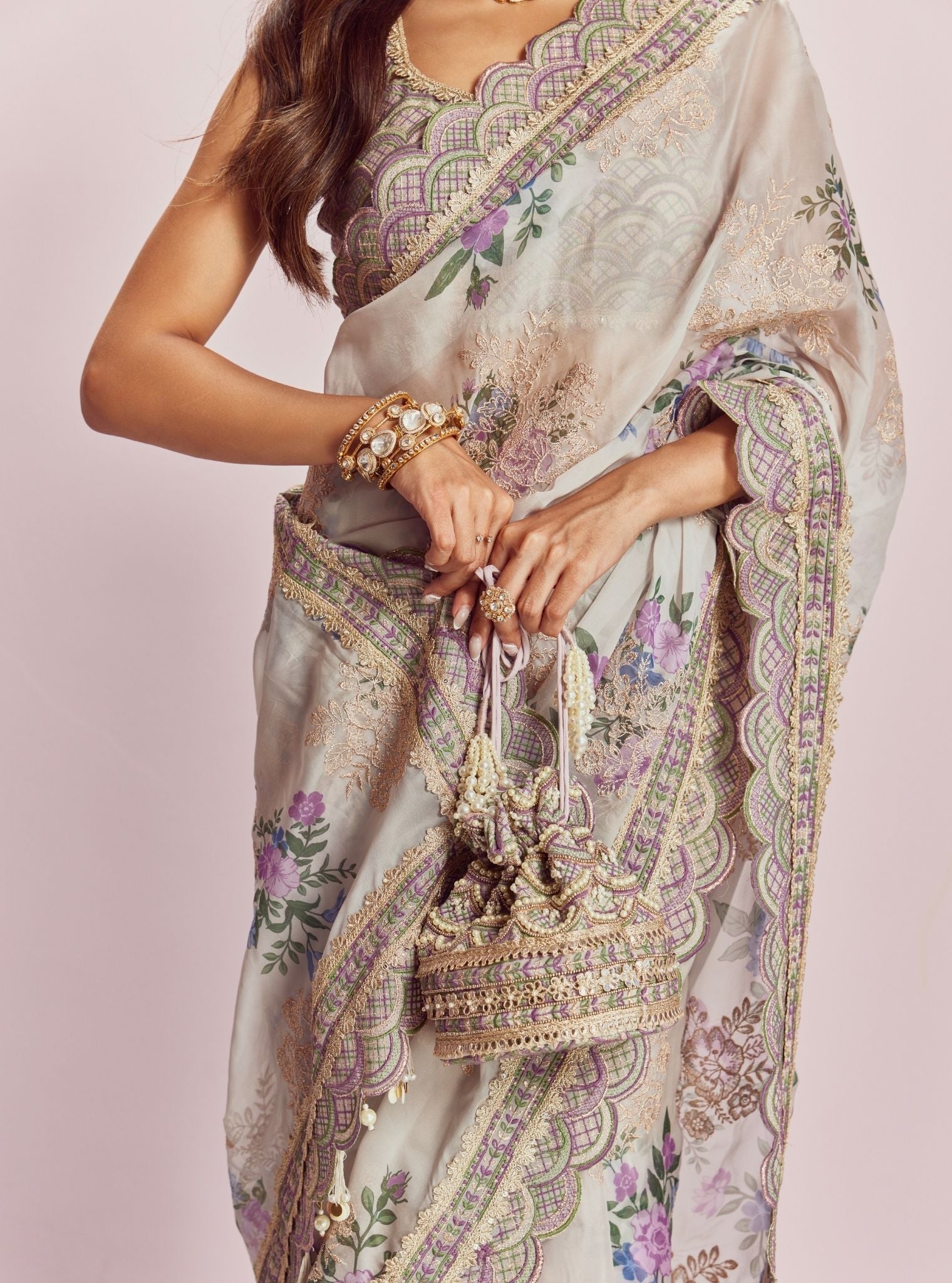 Swar Dull Organza Printed White Saree