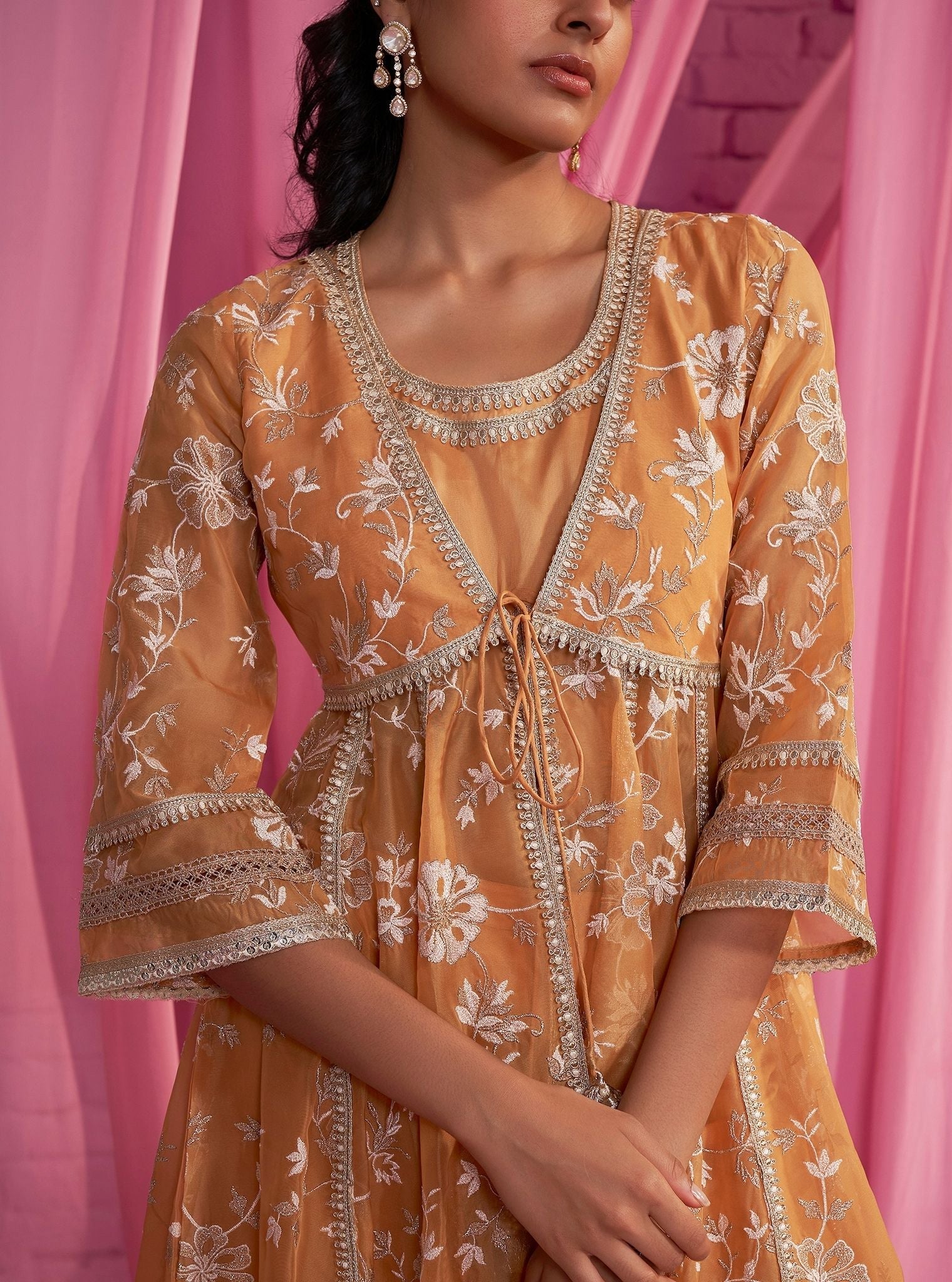 Mulmul Organza Sharvi Orange Anarkali Kurta With Mulmul Cotton Sharvi Orange Pant