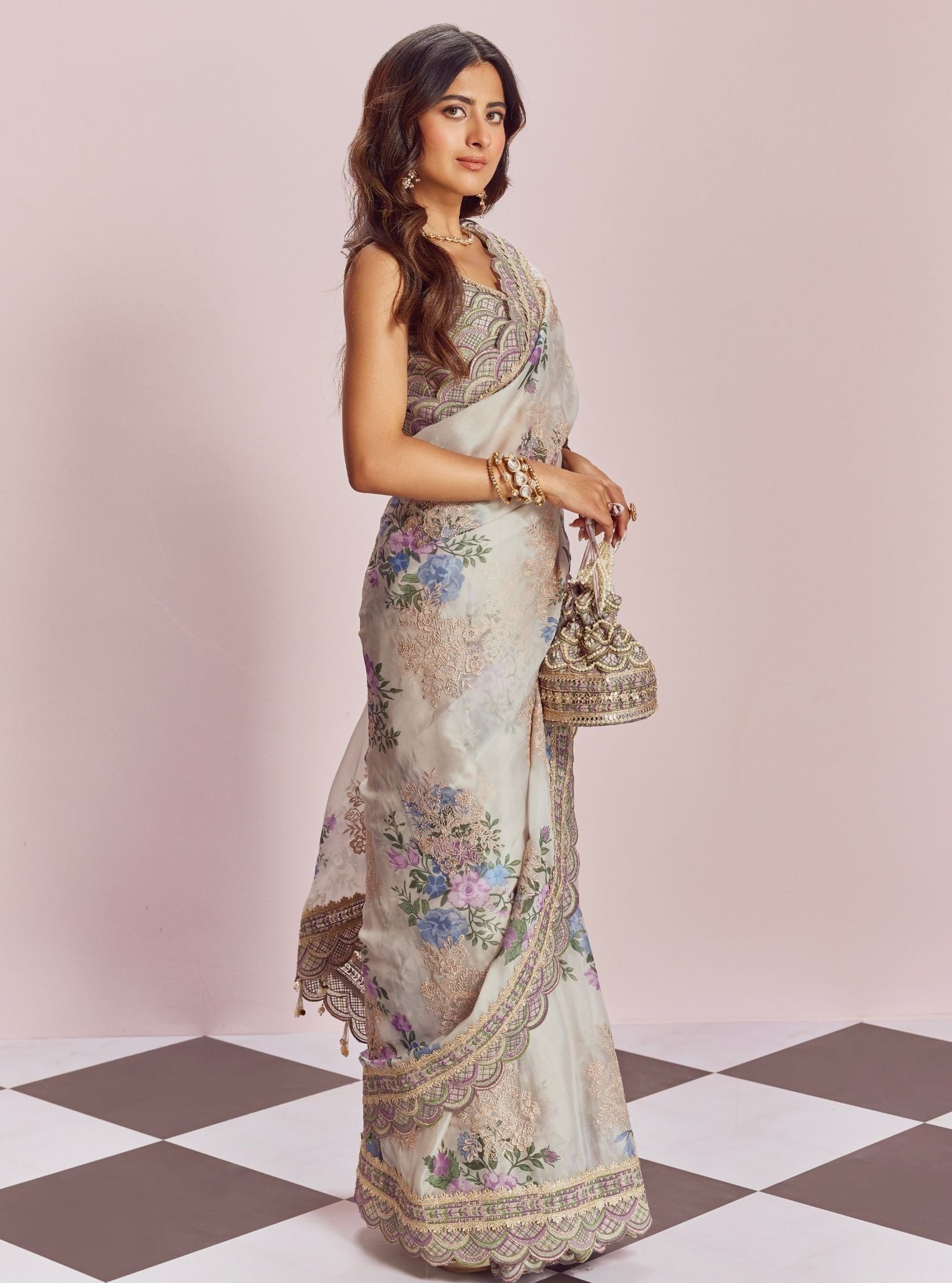 Swar Dull Organza Printed White Saree
