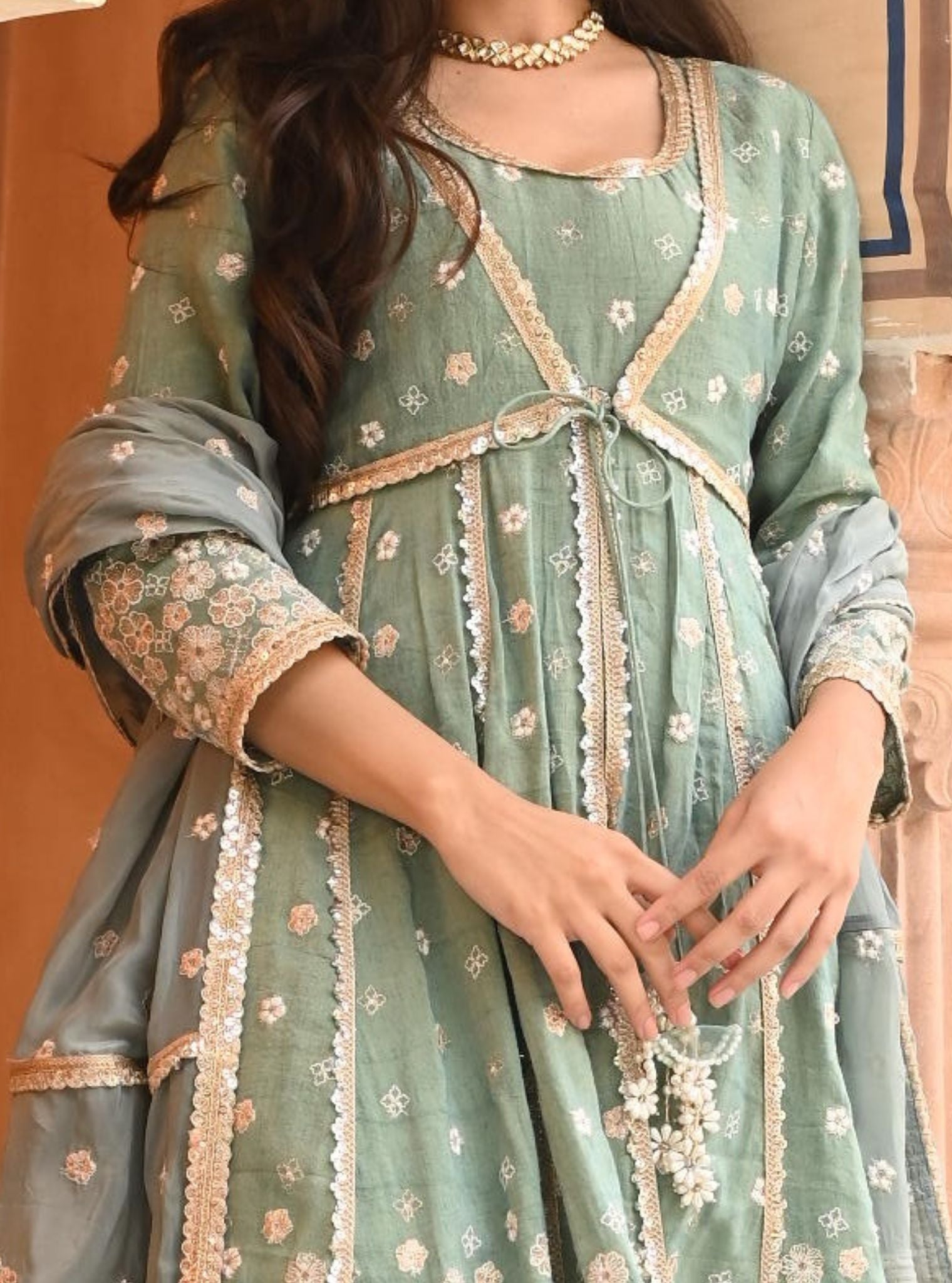 Mulmul Tissue Satin Sajeya Teal Blue Anarkali Kurta with Mulmul Luxe Tissue Satin Sajeya Teal Blue Dhoti Pant