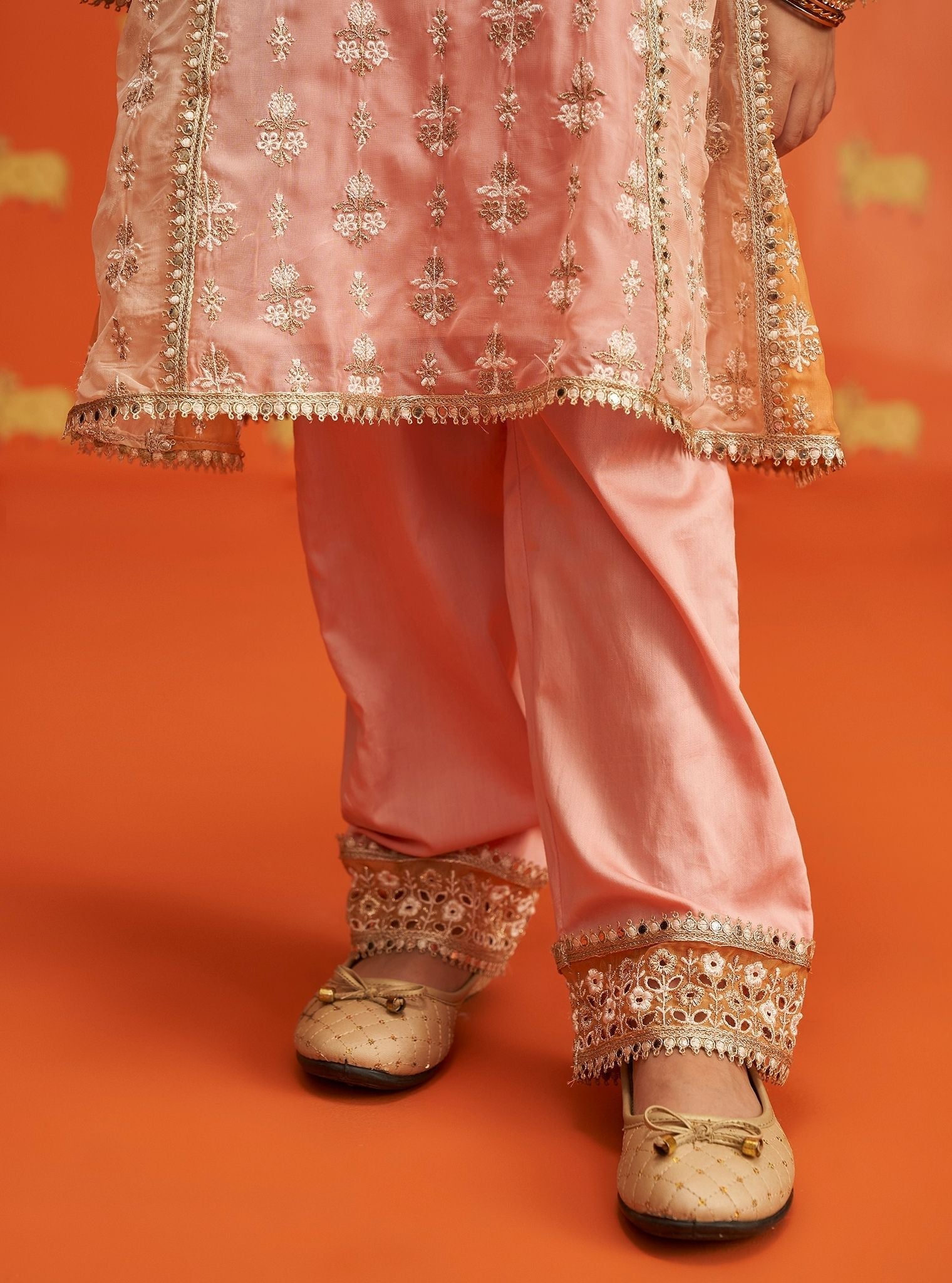 Mulmul Organza Zina Pink Kurta With Mulmul Pima Zina Pink Pant