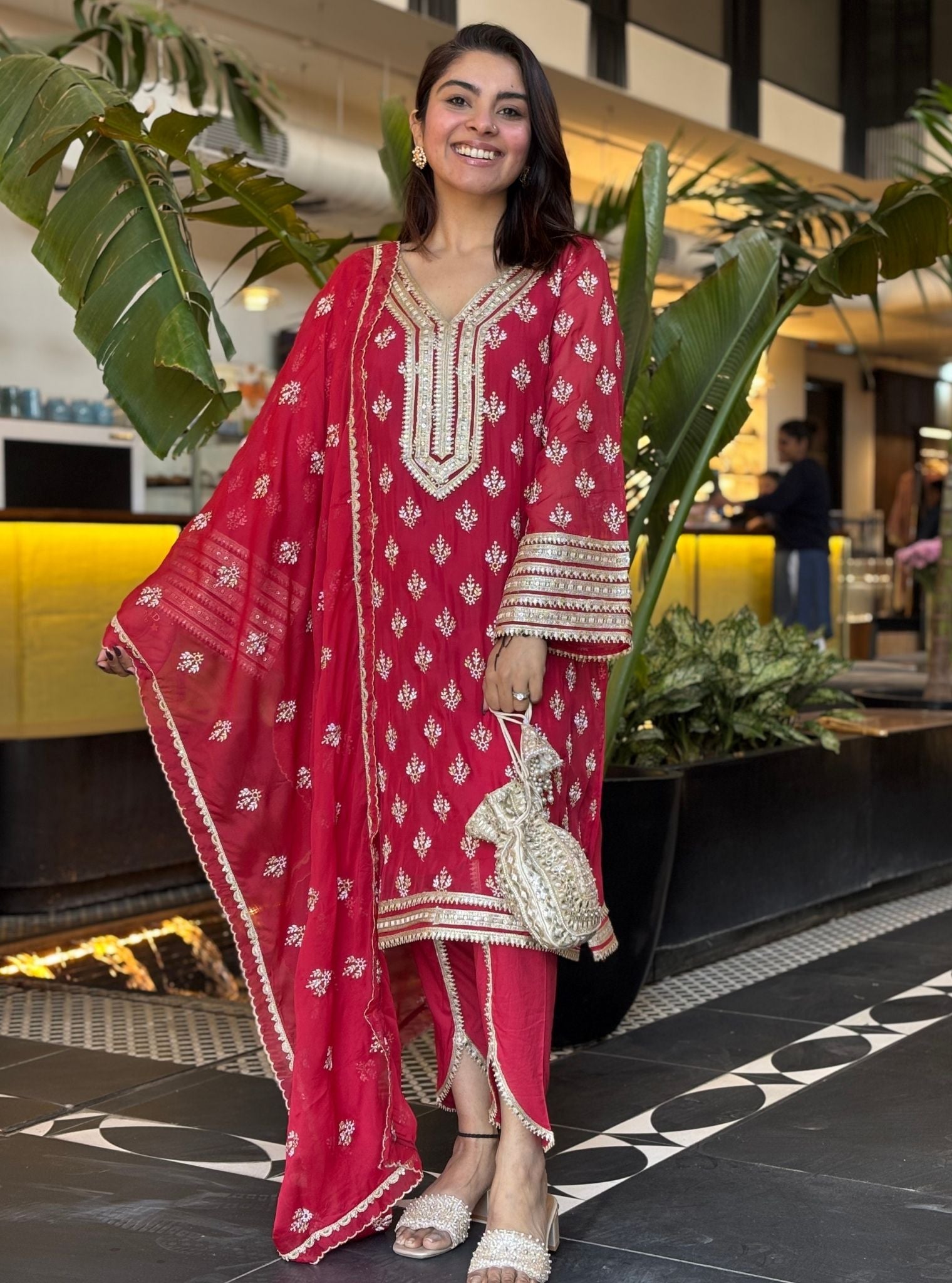 Mulmul Organza Nicia Red Kurta With Mulmul Cotton Nicia Red Dhoti Pant