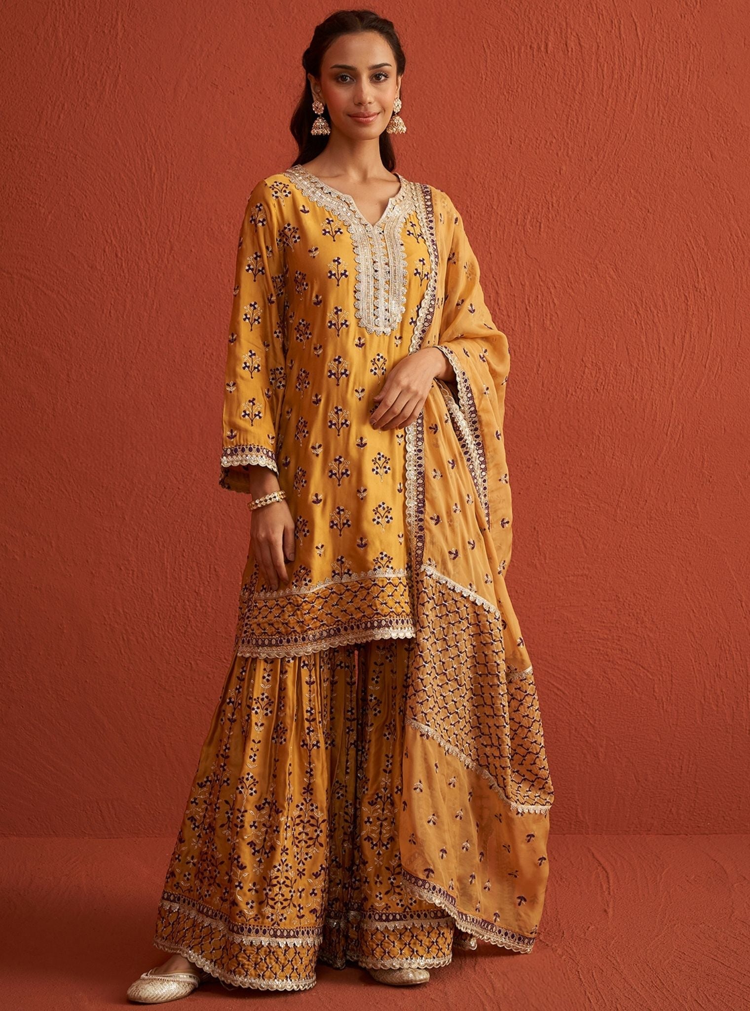 Mulmul Bemberg Satin Mahiya Mustard Kurta With Mulmul Bemberg Satin Mahiya Mustard Garara