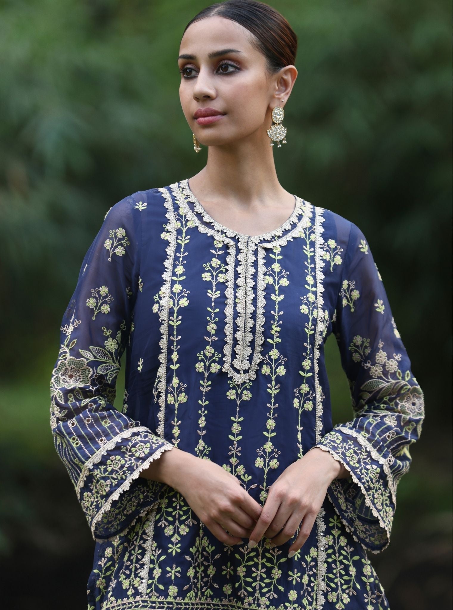 Mulmul Organza Kali Navy Kurta With Mulmul Pima Satin Kali Navy Pant