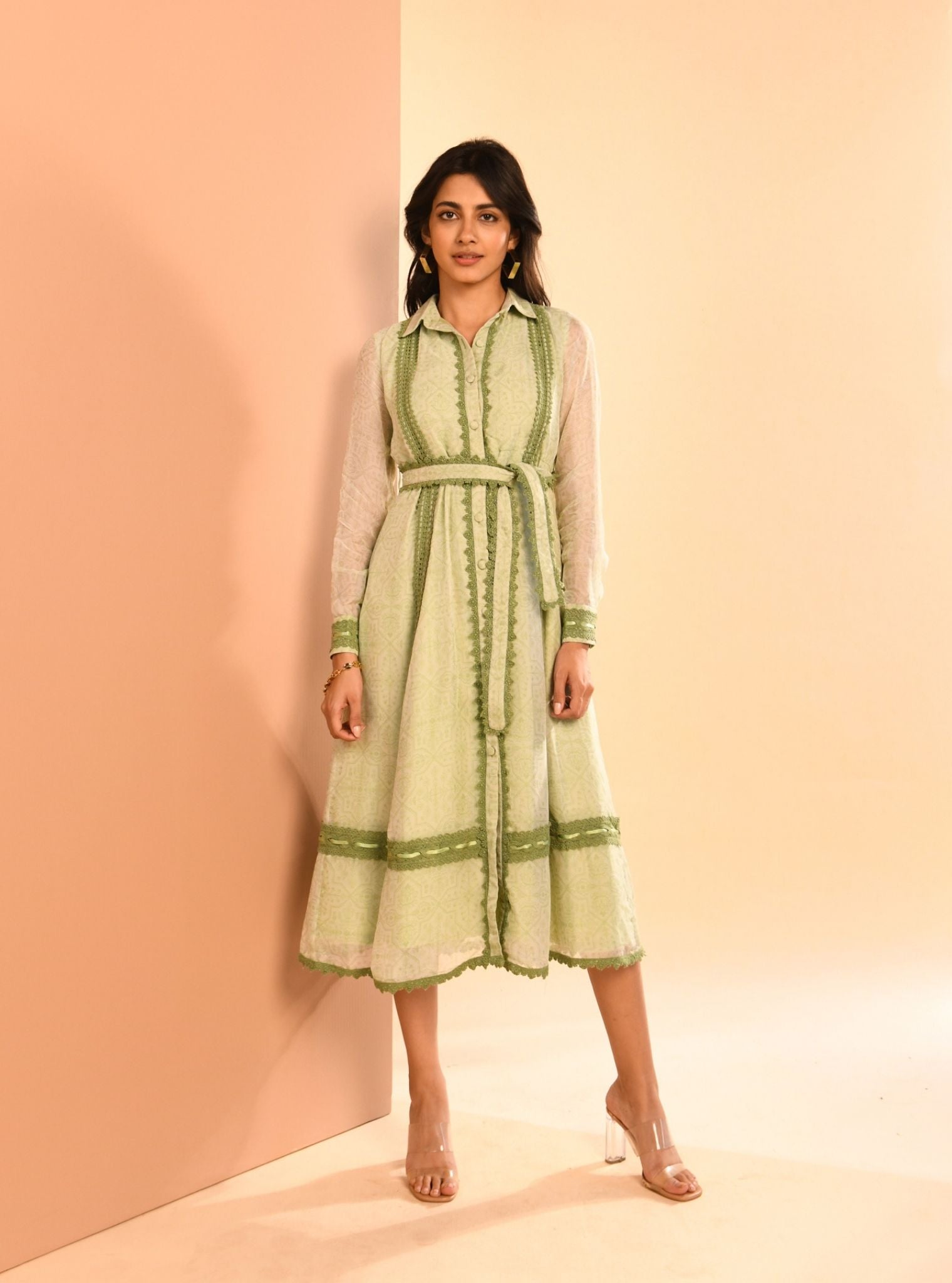 Mulmul Organza Liz Printed Green Long Dress