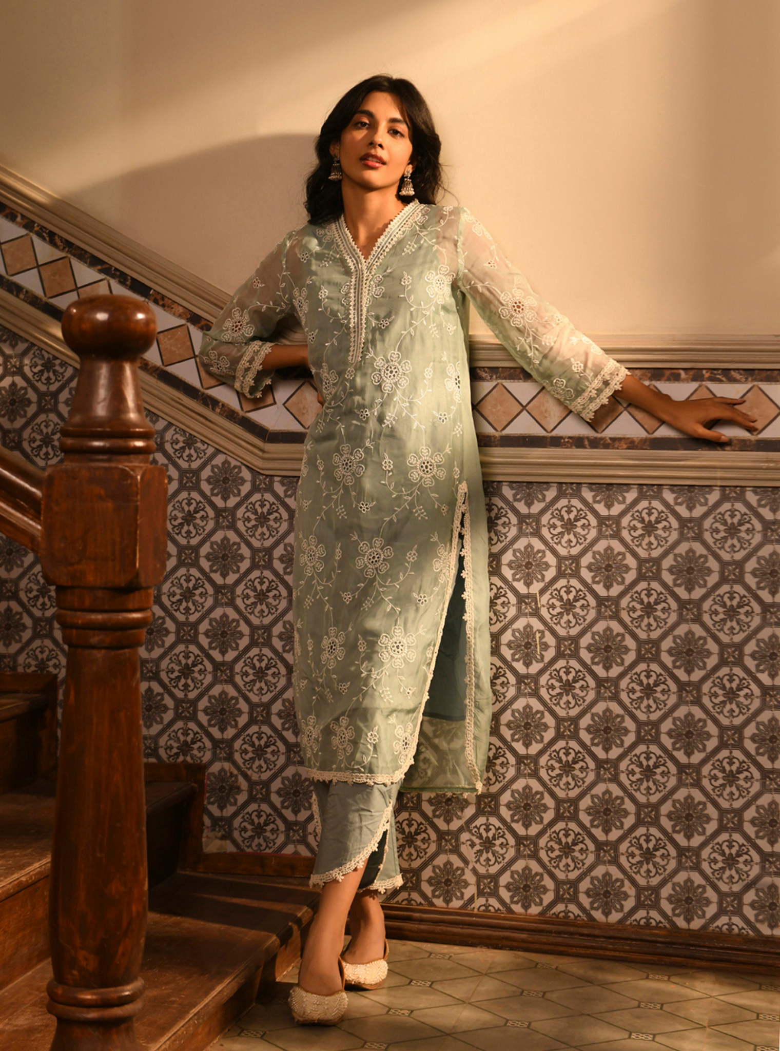 Mulmul Organza Nezira Teal Blue Kurta With Mulmul Cotton Nezira Teal Blue Pant