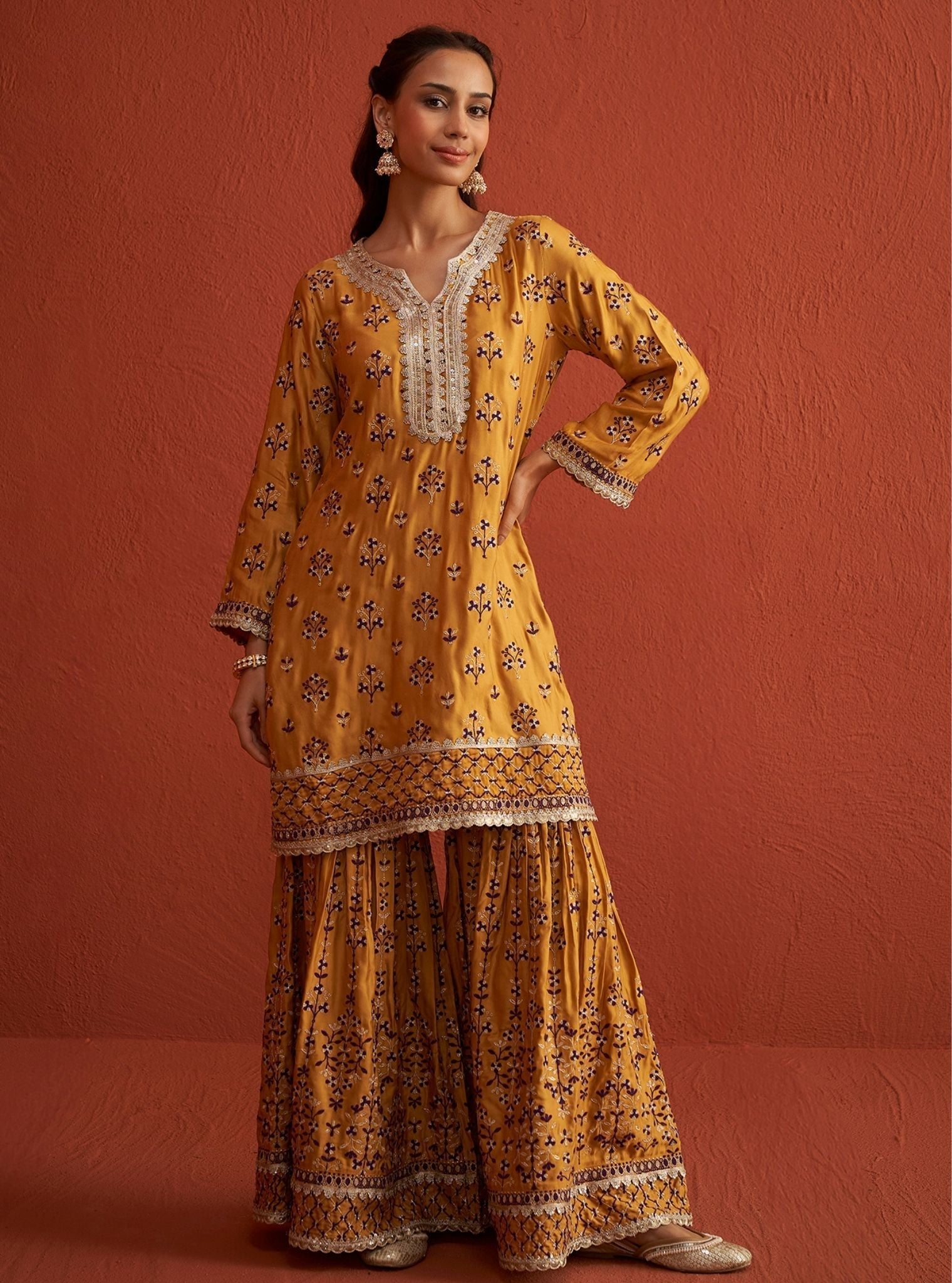 Mulmul Cupro Satin Mahiya Mustard Kurta With Mulmul Cupro Satin Mahiya Mustard Garara