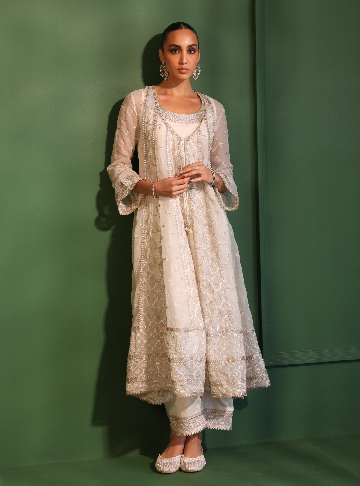 Mulmul Organza Dilruba Off White Anarkali Kurta With Mulmul Pima Satin Dilruba Off White Pant