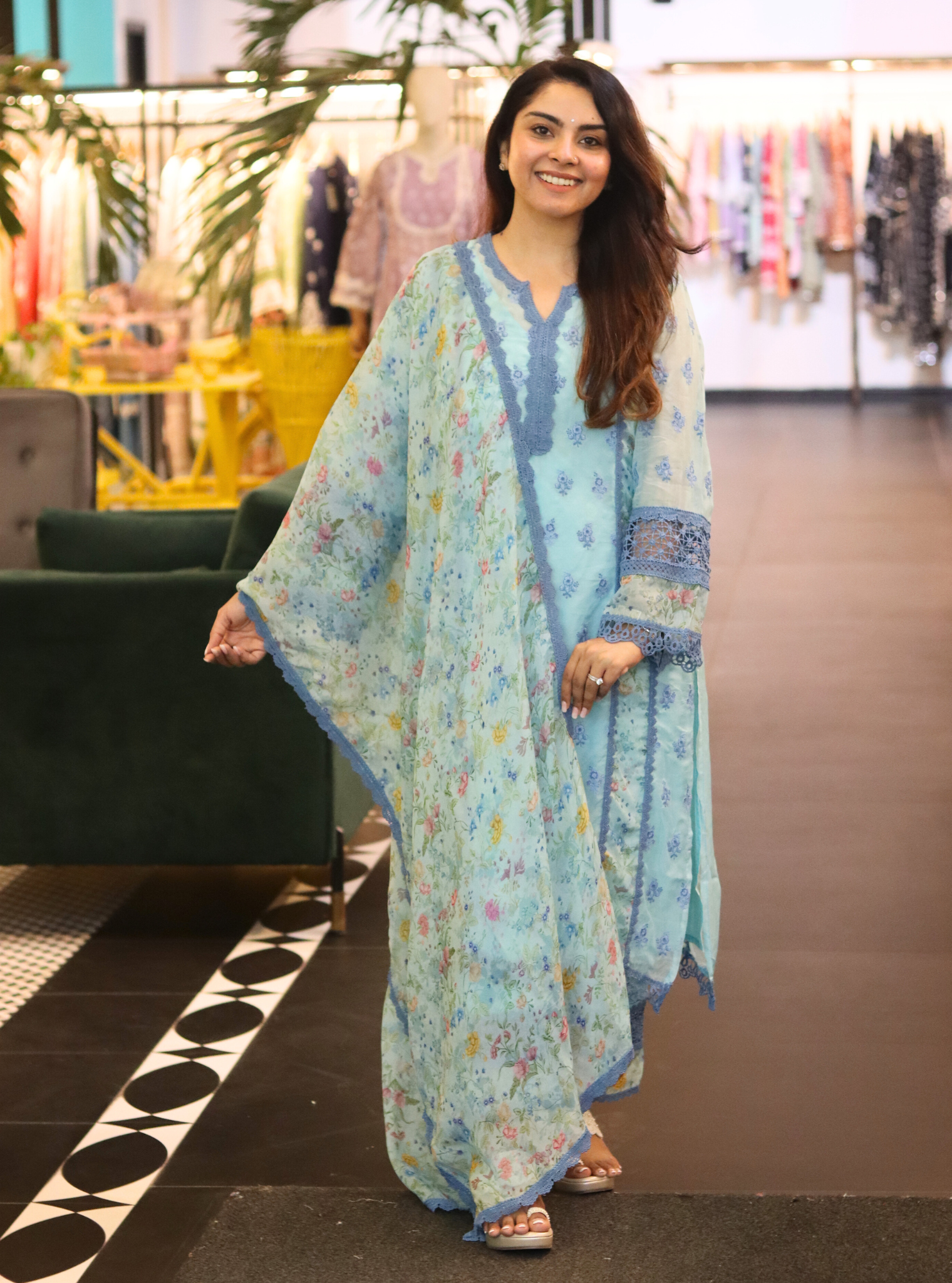 Mulmul Organza Printed Alwen Blue Kurta With Mulmul Cotton Alwen Blue Pant