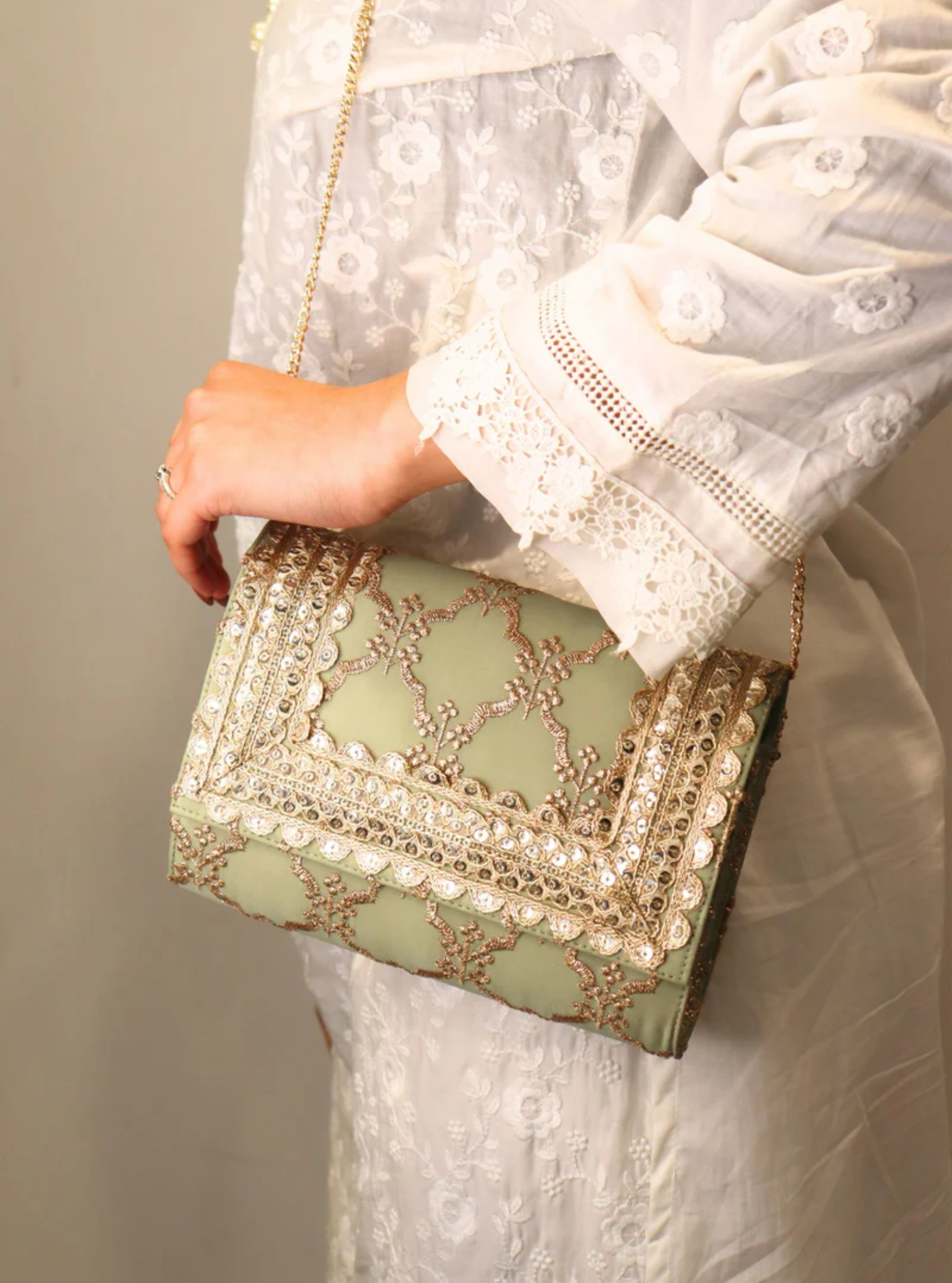 Mulmul Tara Sage Green Potli Bag