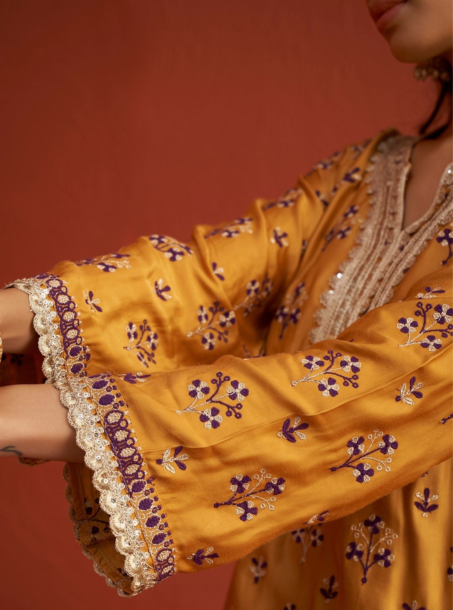 Mulmul Bemberg Satin Mahiya Mustard Kurta With Mulmul Bemberg Satin Mahiya Mustard Garara