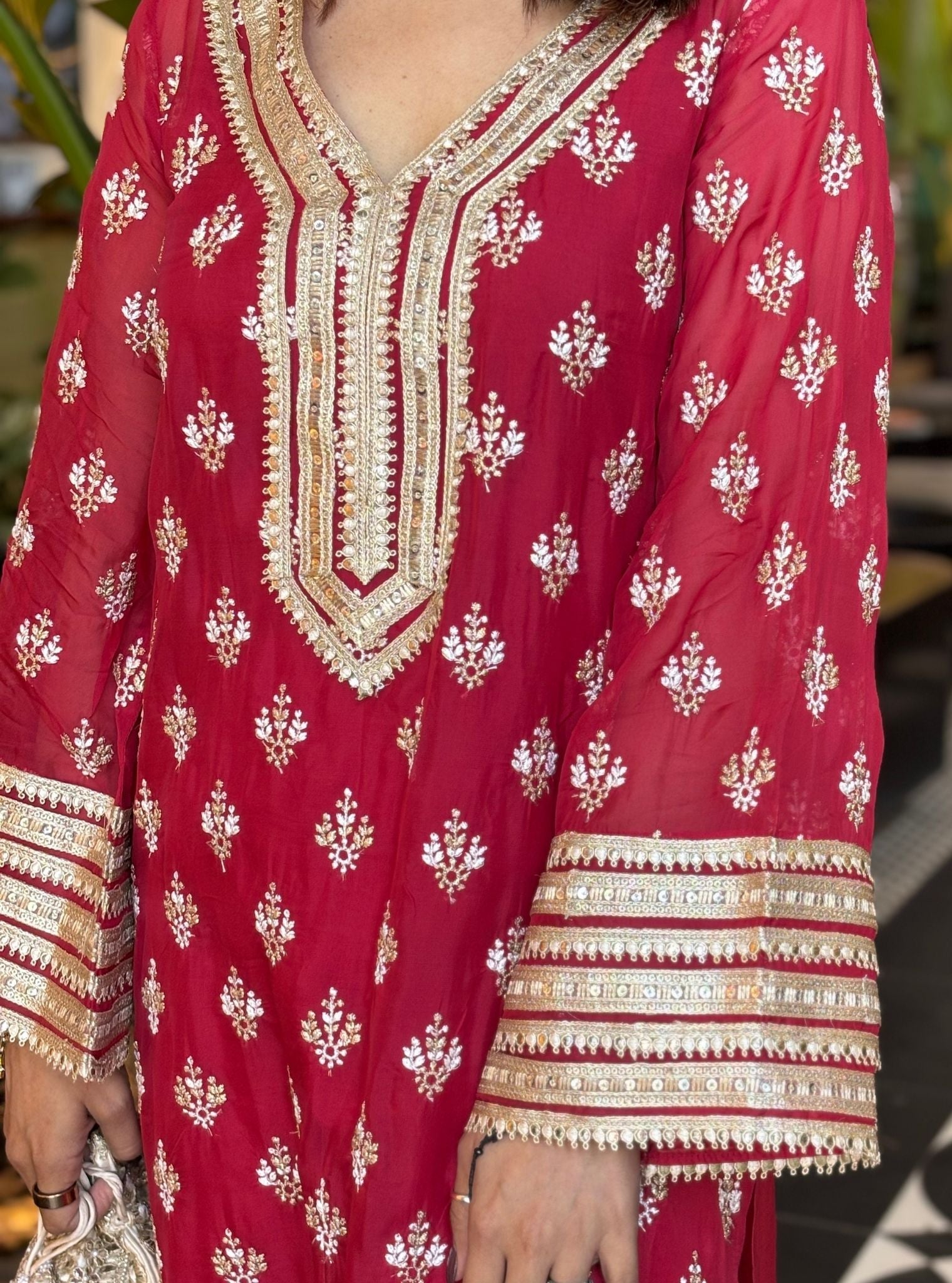 Mulmul Organza Nicia Red Kurta With Mulmul Cotton Nicia Red Dhoti Pant