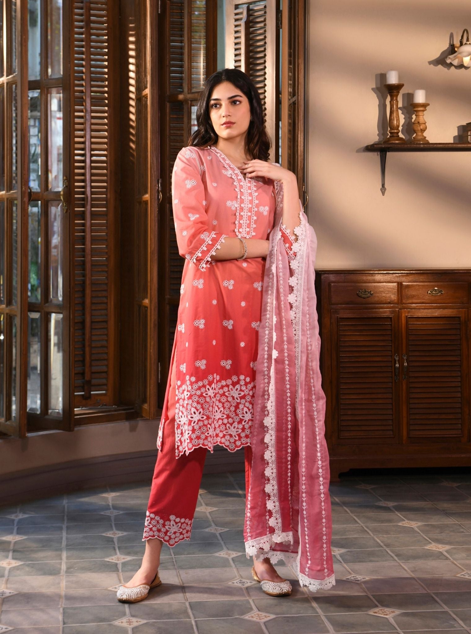 Mulmul Cotton Shae Red Kurta With Mulmul Cotton Shae Red Pant