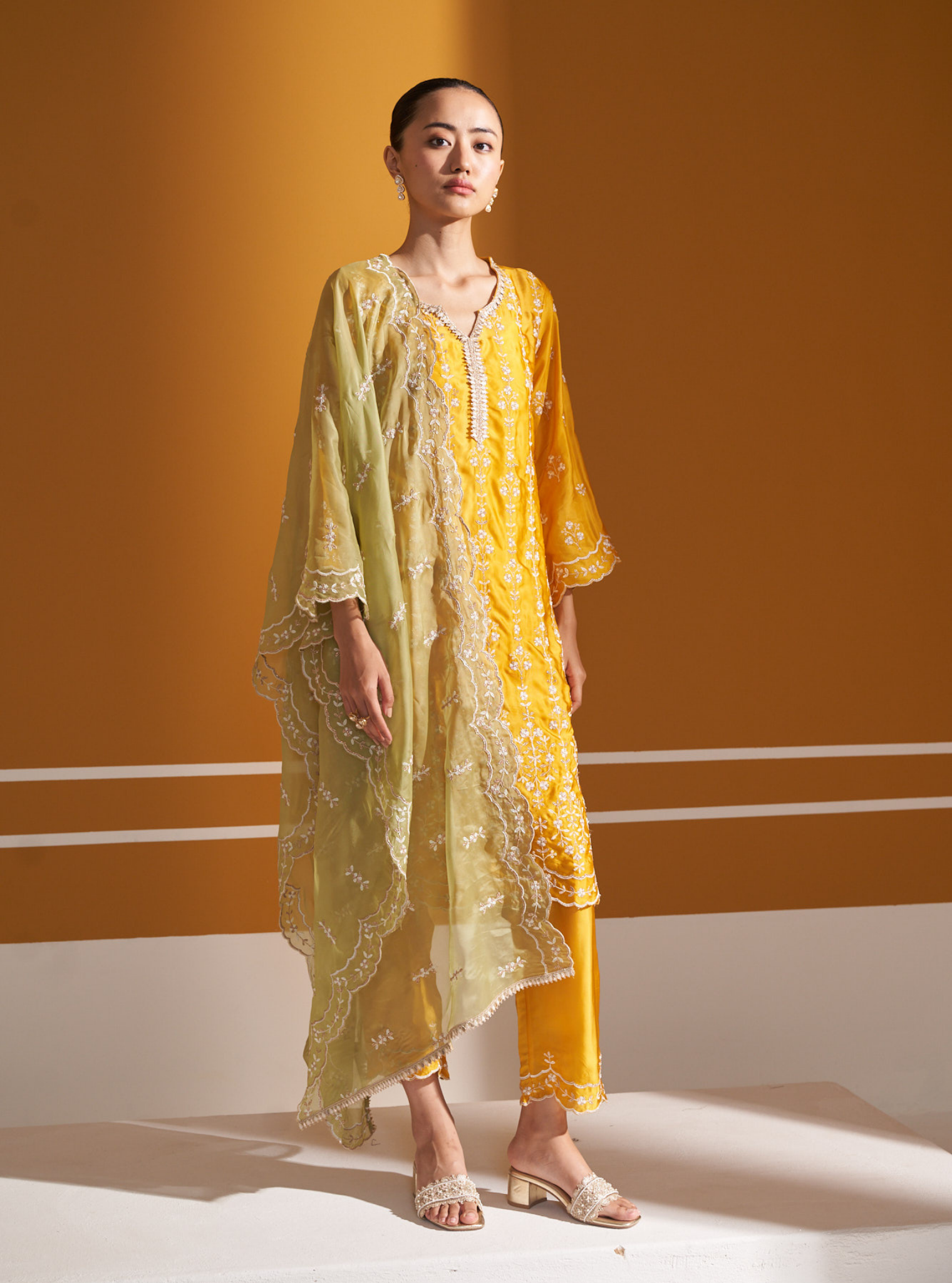 Mulmul Cupro Satin Tasanee Yellow Kurta With Mulmul Cupro Satin Tasanee Yellow Pant