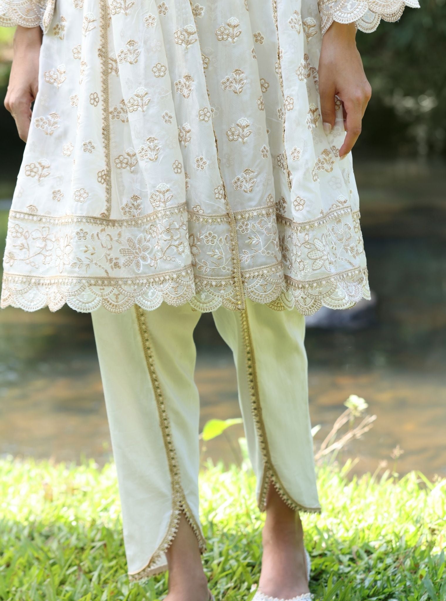 Mulmul Organza Gaatha Off White Short Anarkali Kurta With Mulmul Pima Satin Gaatha Off White Dhoti Pant