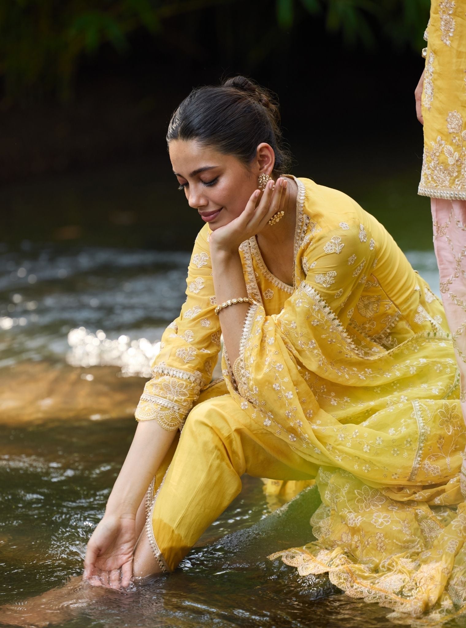 Mulmul Organza Gaatha Yellow Short Anarkali Kurta With Mulmul Pima Satin Gaatha Yellow Dhoti Pant