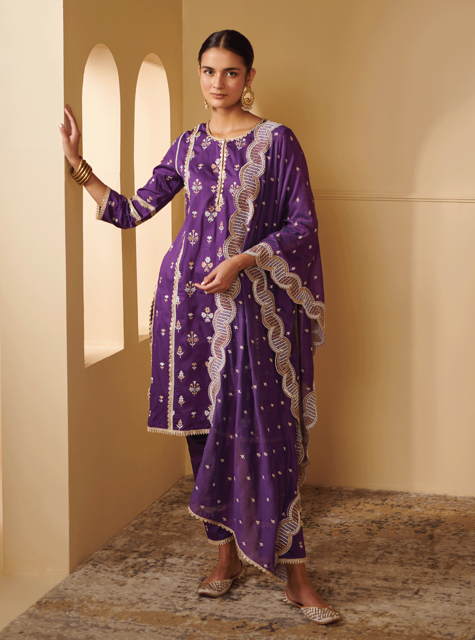 Mulmul Pima Satin Kaveri Purple Kurta With Kaveri Purple Pant