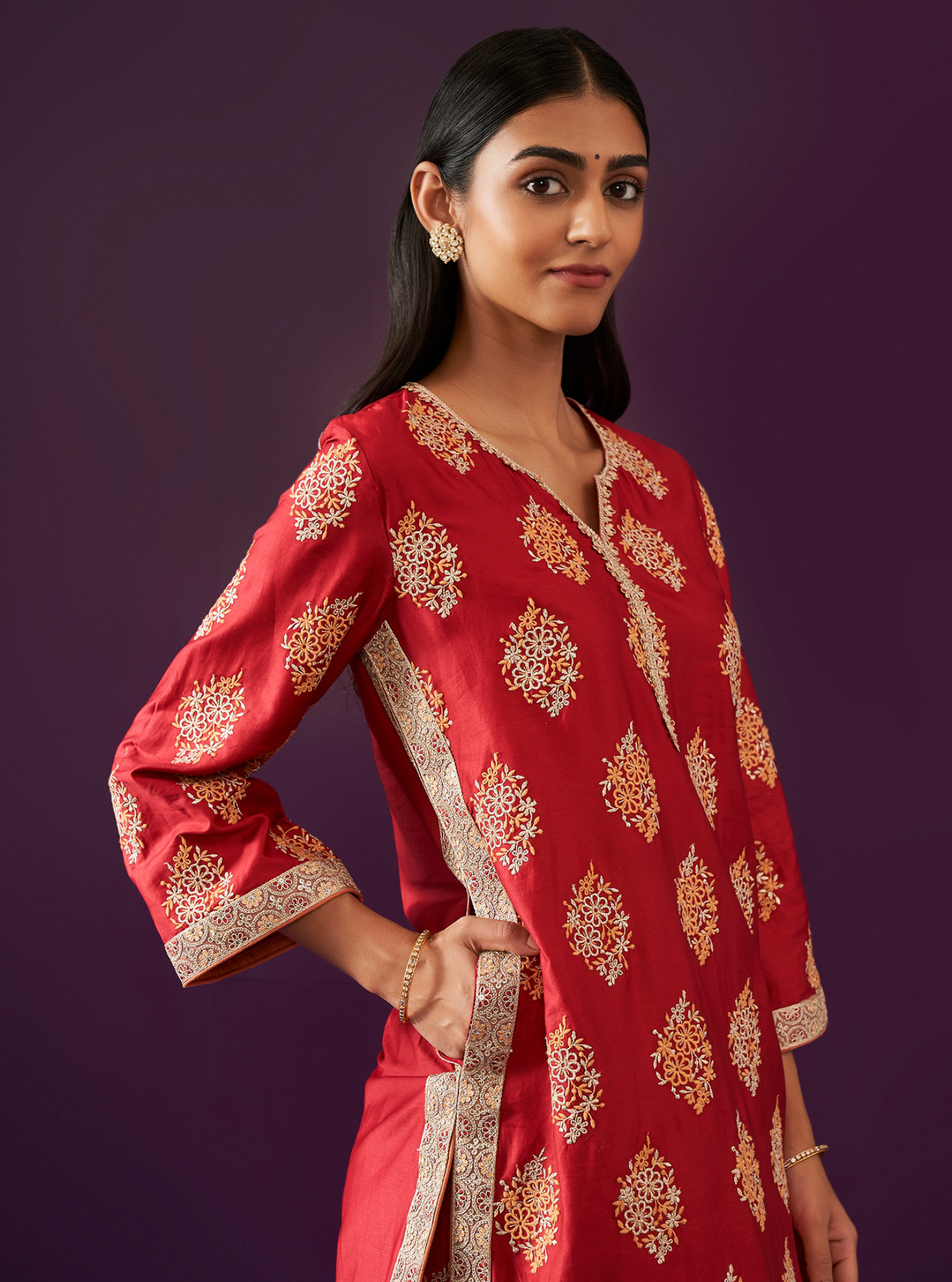 Mulmul Pima Satin Calita Red Kurta With Mulmul Pima Satin Calita Red Pant