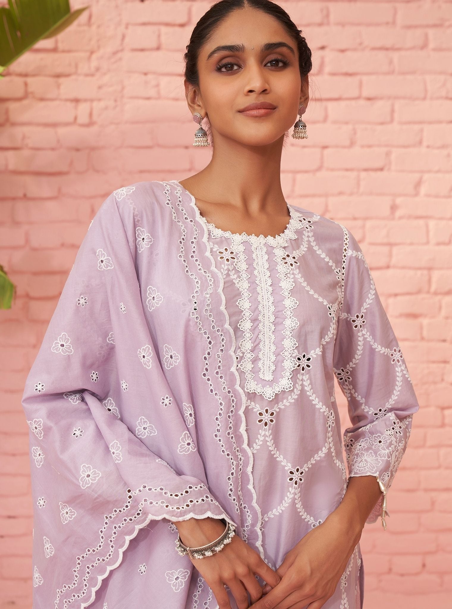 Mulmul Cotton Aashay Lilac Kurta With Mulmul Cotton Kriya White Pant