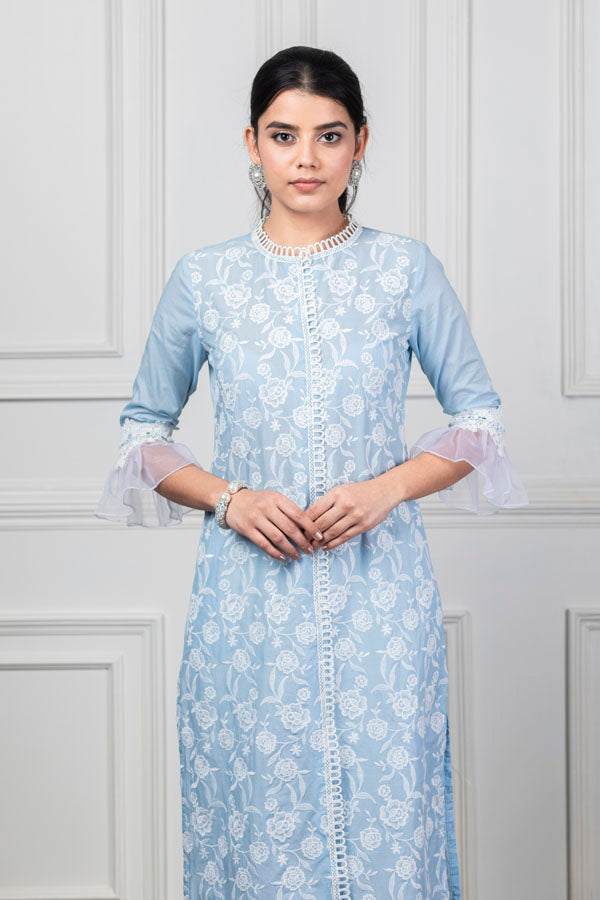 Mulmul Rose Light Blue Kurta with Slit Pyajama