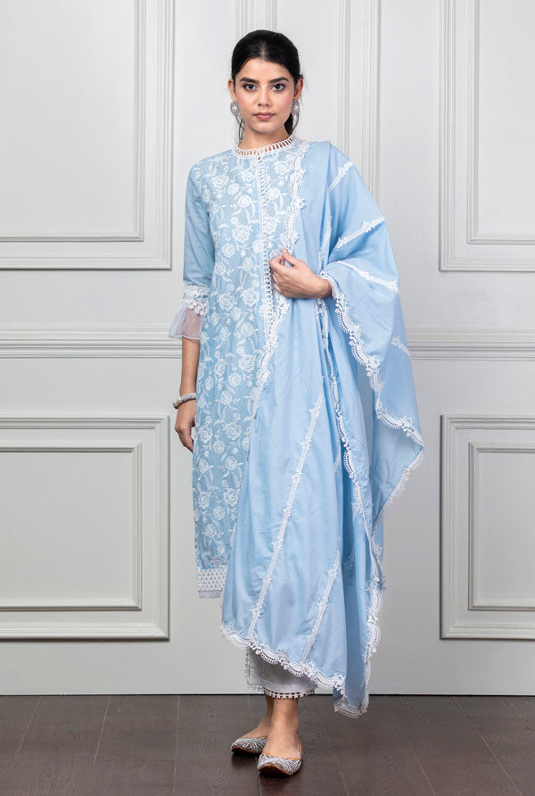 Mulmul Rose Light Blue Kurta with Slit Pyajama