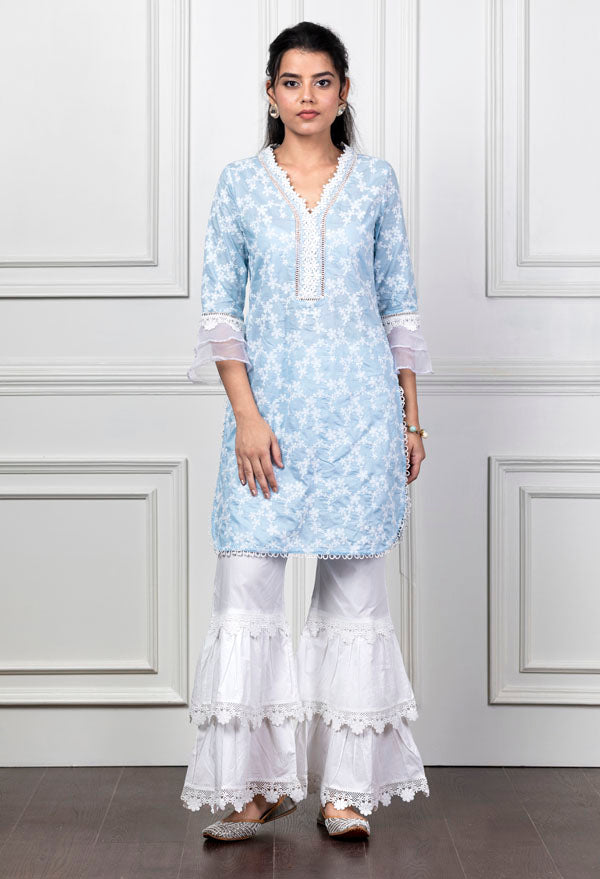 Mulmul Daisy Light Blue Kurta With Lace Garara