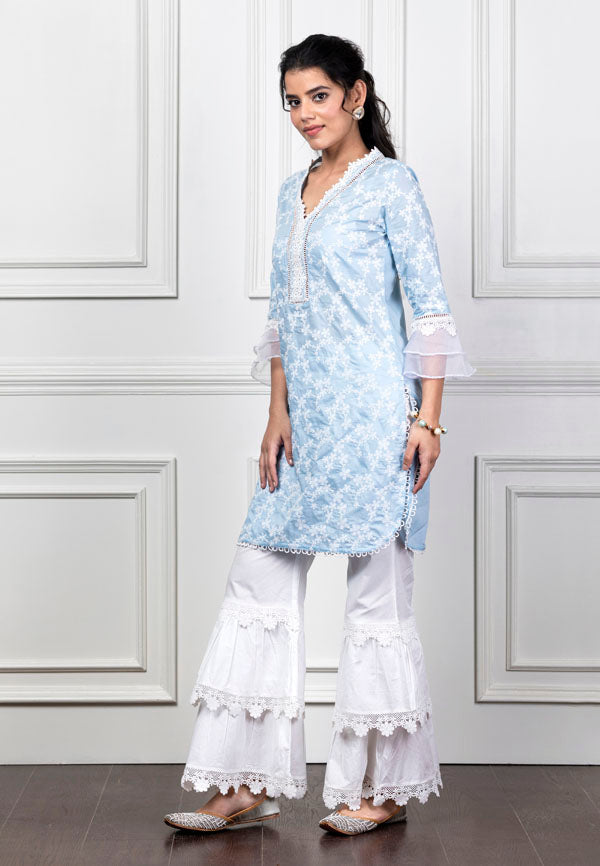 Mulmul Daisy Light Blue Kurta With Lace Garara