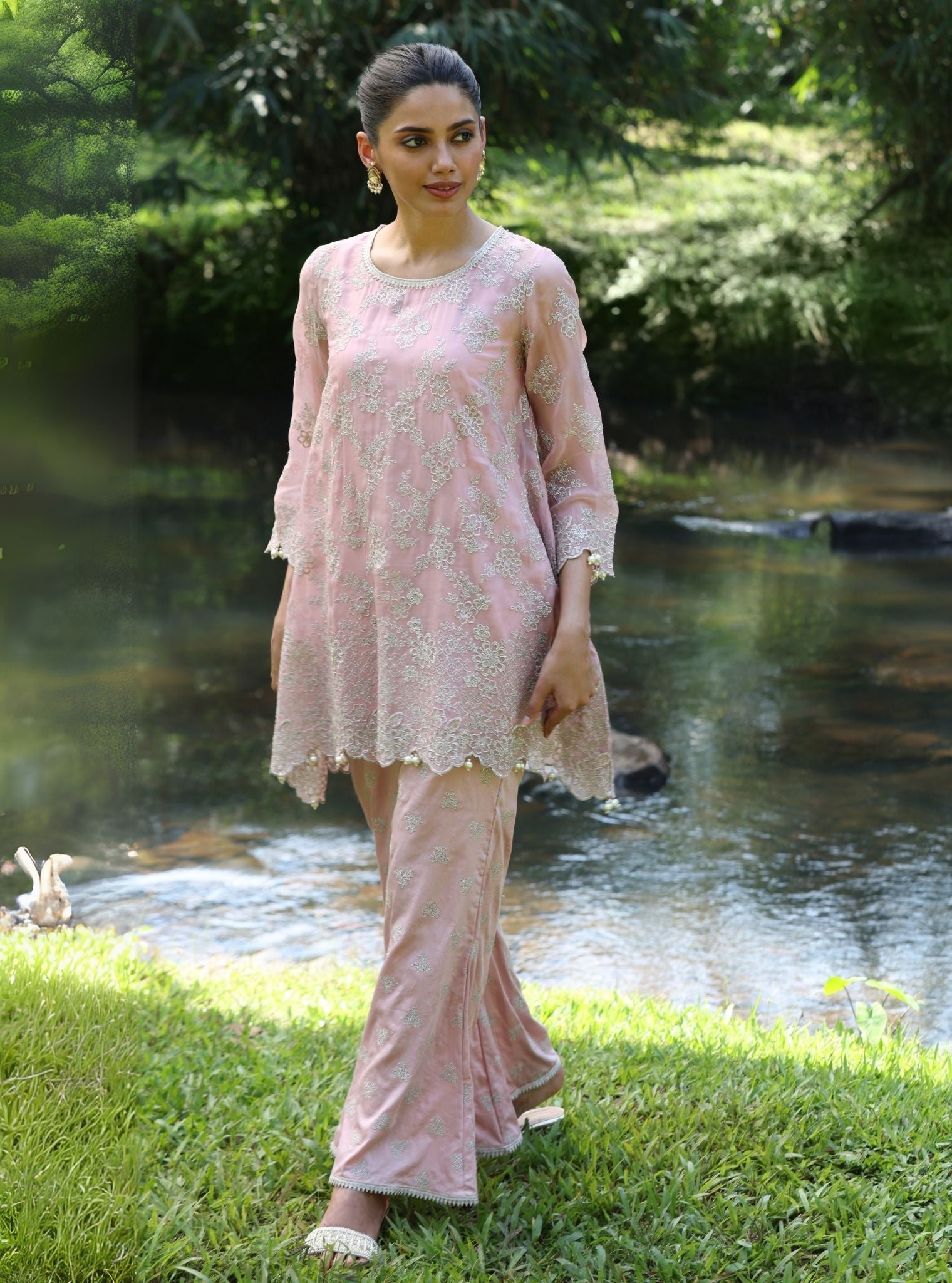 Mulmul Organza Milan Onion Pink Top With Mulmul Pima Satin Milan Onion Pink Pant