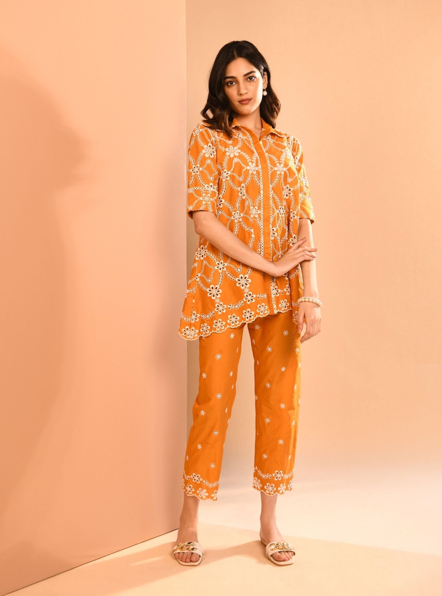 Mulmul Cotton Prue Orange Shirt With Mulmul Cotton Prue Orange Pant