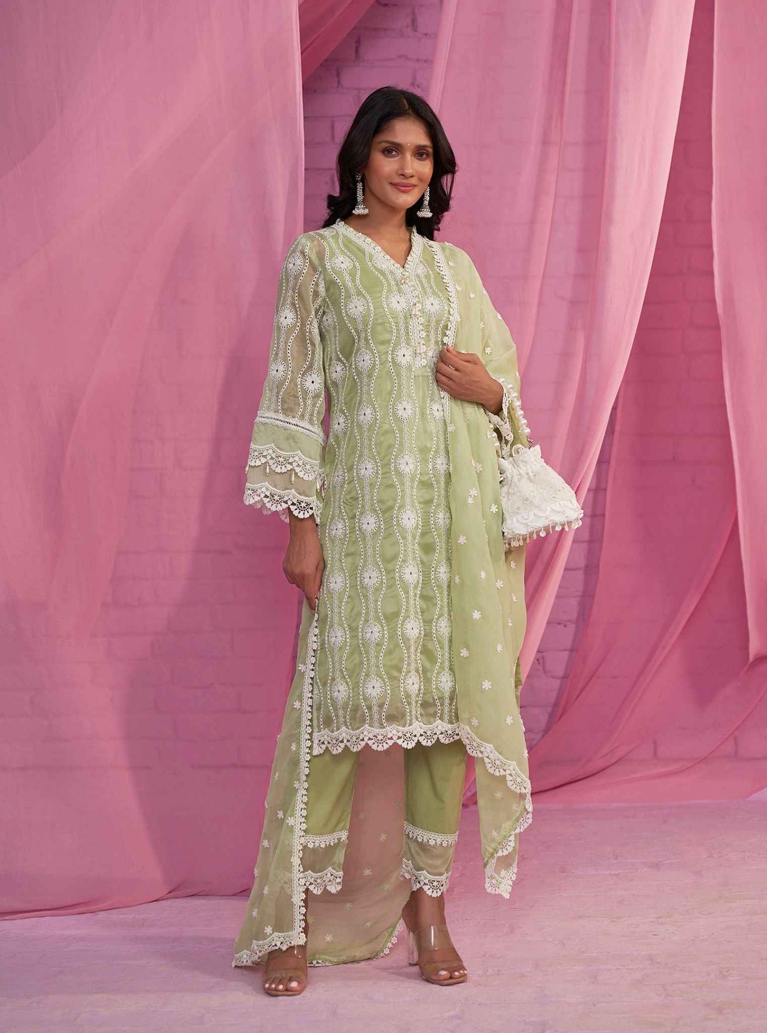 Mulmul Organza Izetta Green Kurta With Mulmul Cotton Izetta Green Pant