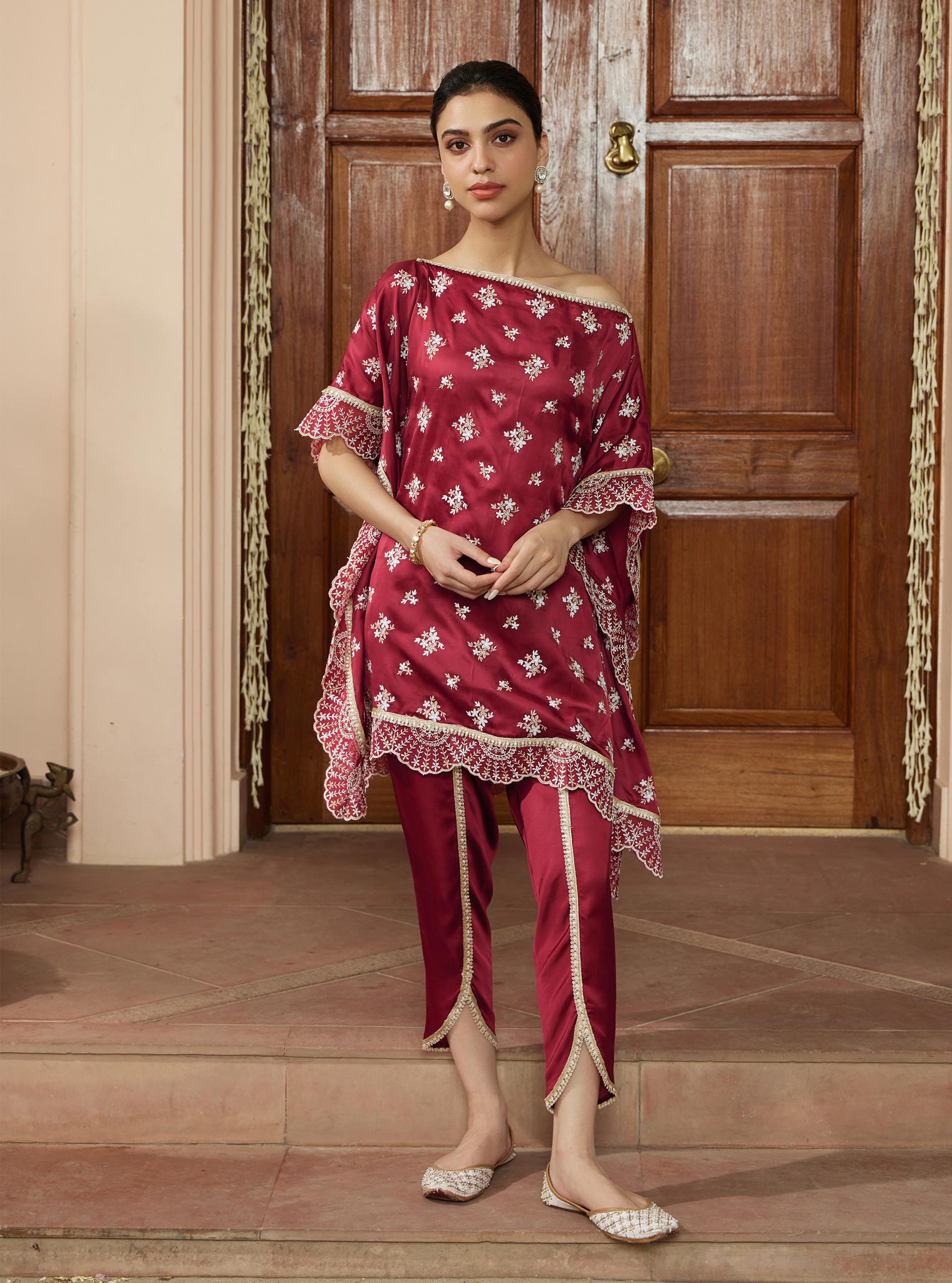 Mulmul Cupro Kasuni Wine Kaftan with Mulmul Cupro Kasuni Dhoti Wine Pant