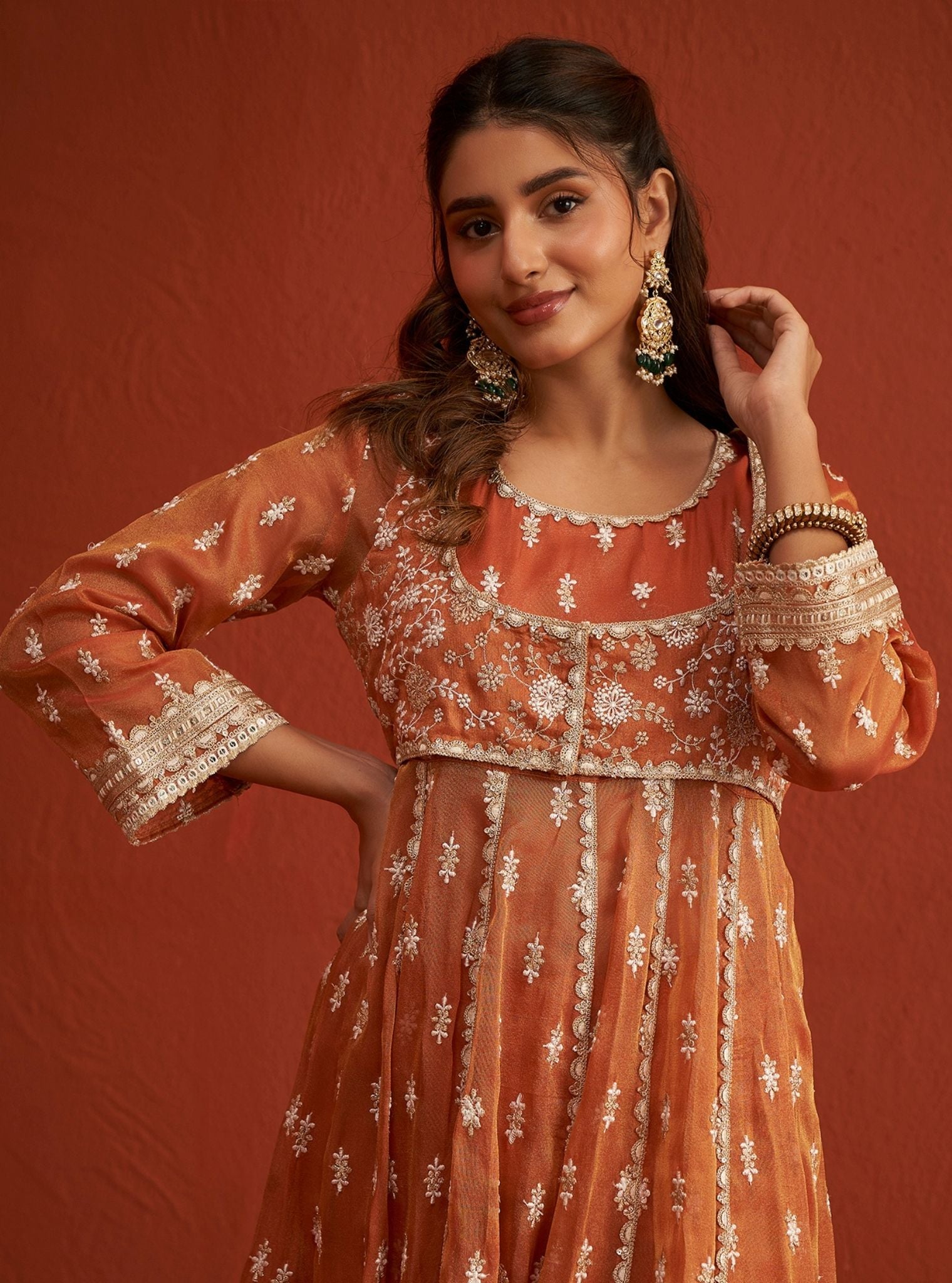 Mulmul Bemberg Tissue Genda Burnt Orange Anarkali Kurta