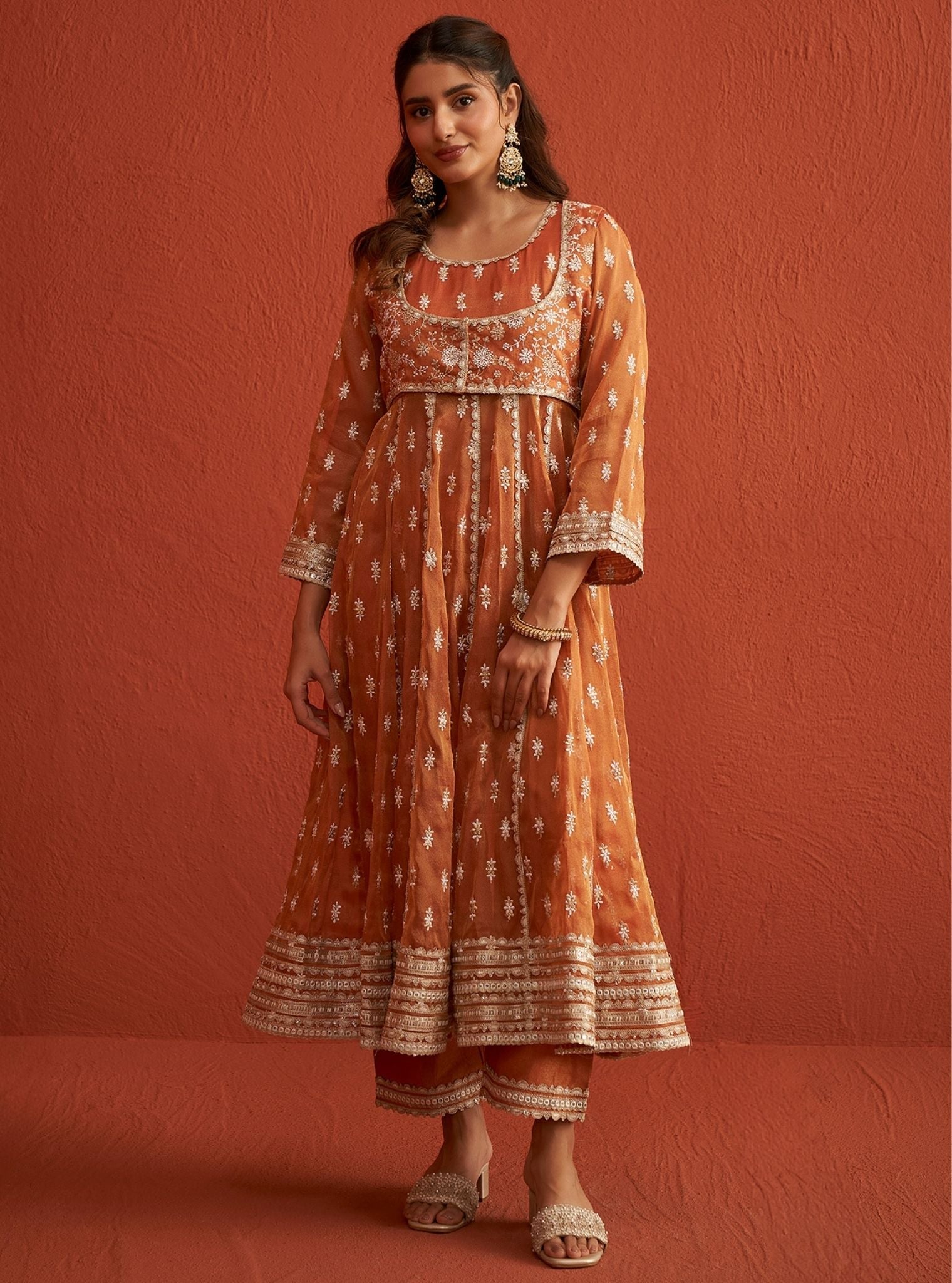 Mulmul Bemberg Tissue Genda Burnt Orange Anarkali Kurta