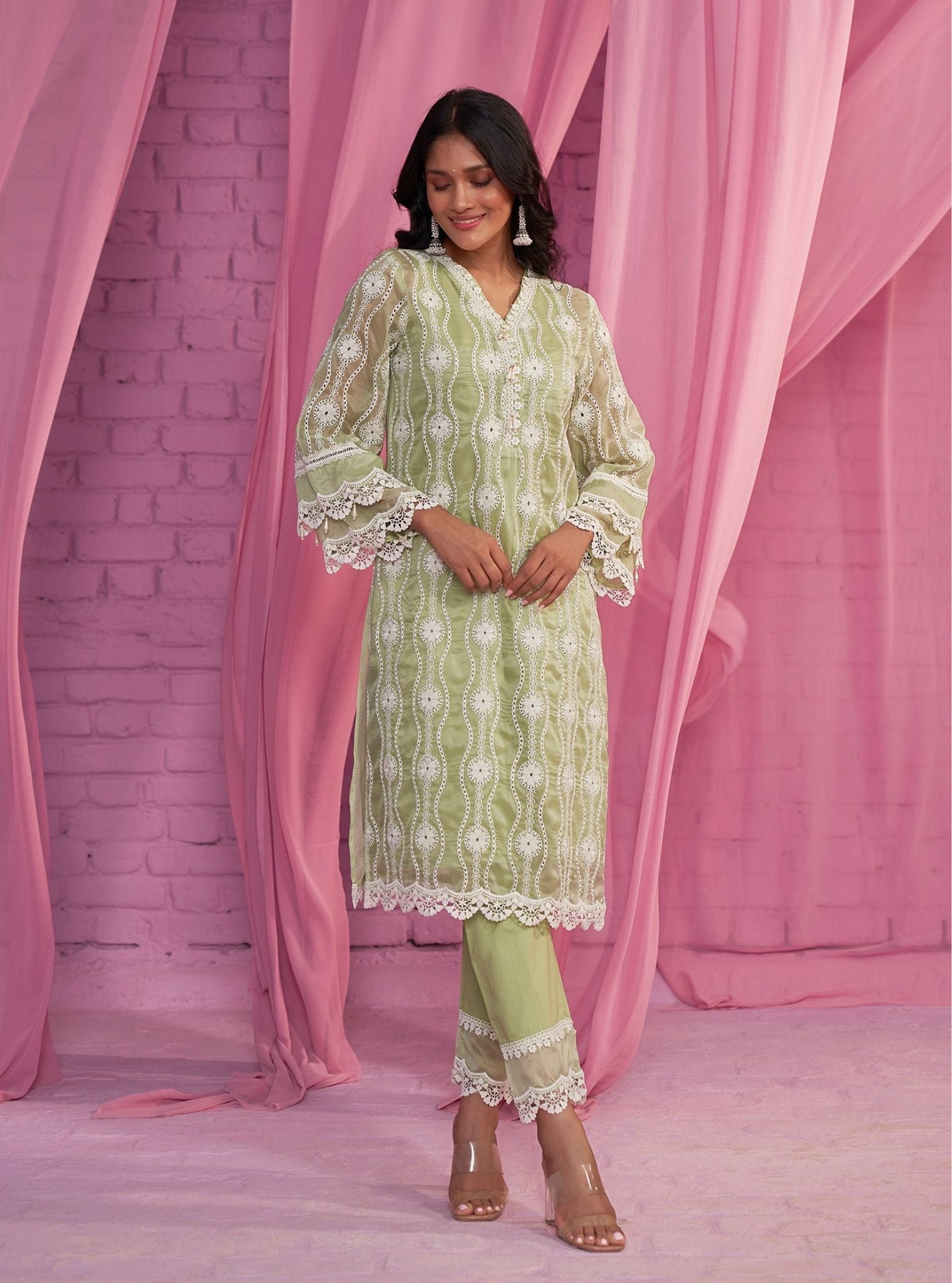 Mulmul Organza Izetta Green Kurta With Mulmul Cotton Izetta Green Pant