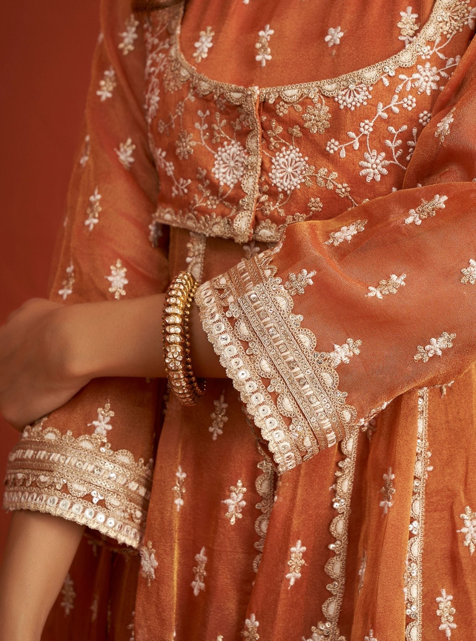 Mulmul Bemberg Tissue Genda Burnt Orange Anarkali Kurta