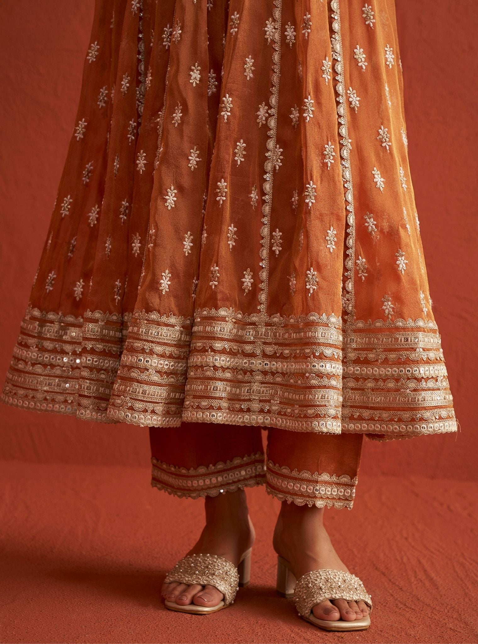 Mulmul Royal Tissue Genda Burnt Orange Anarkali Kurta With Mulmul Luxe Tissue Genda Burnt Orange Pant