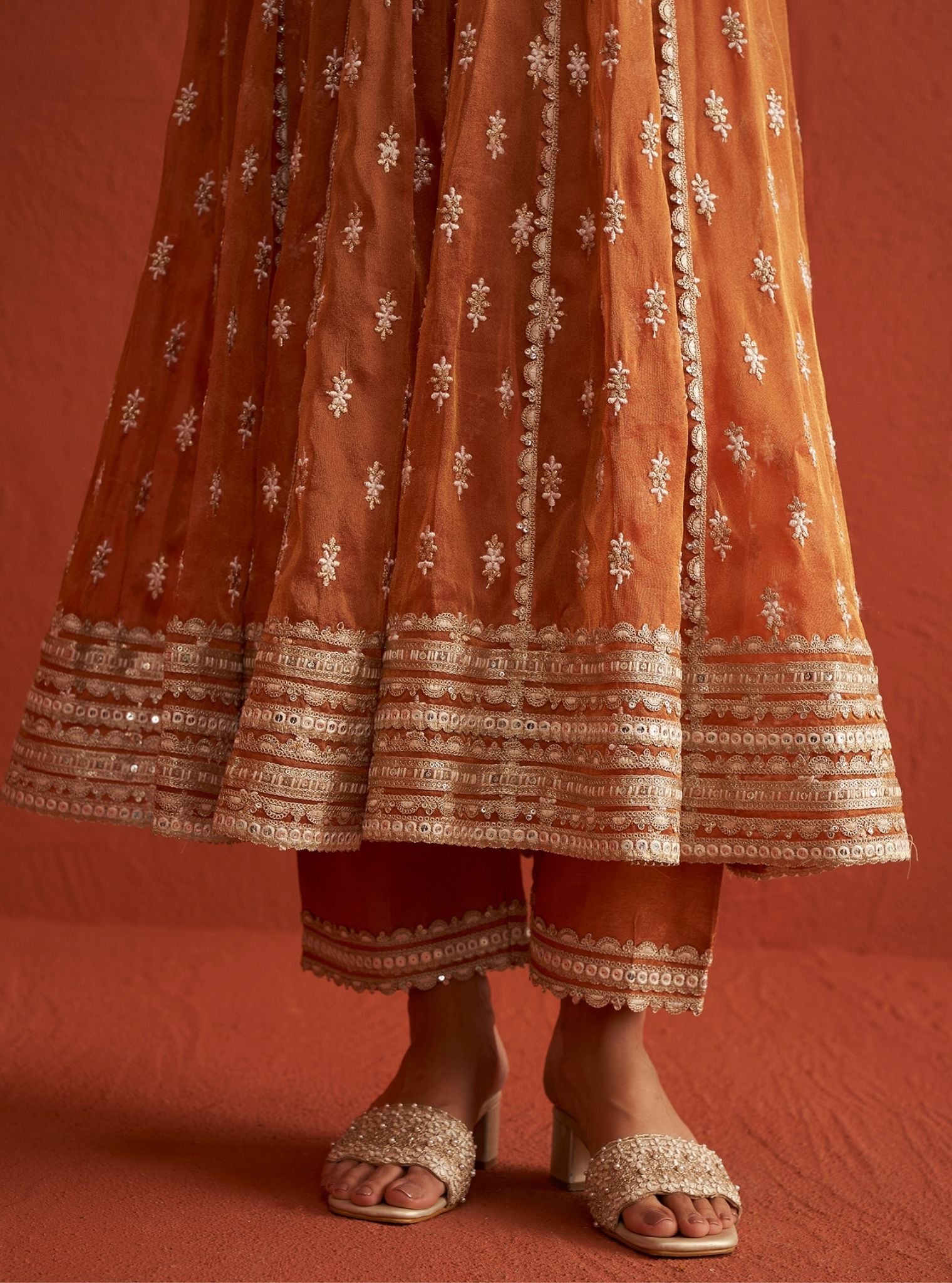 Mulmul Bemberg Tissue Genda Burnt Orange Anarkali Kurta