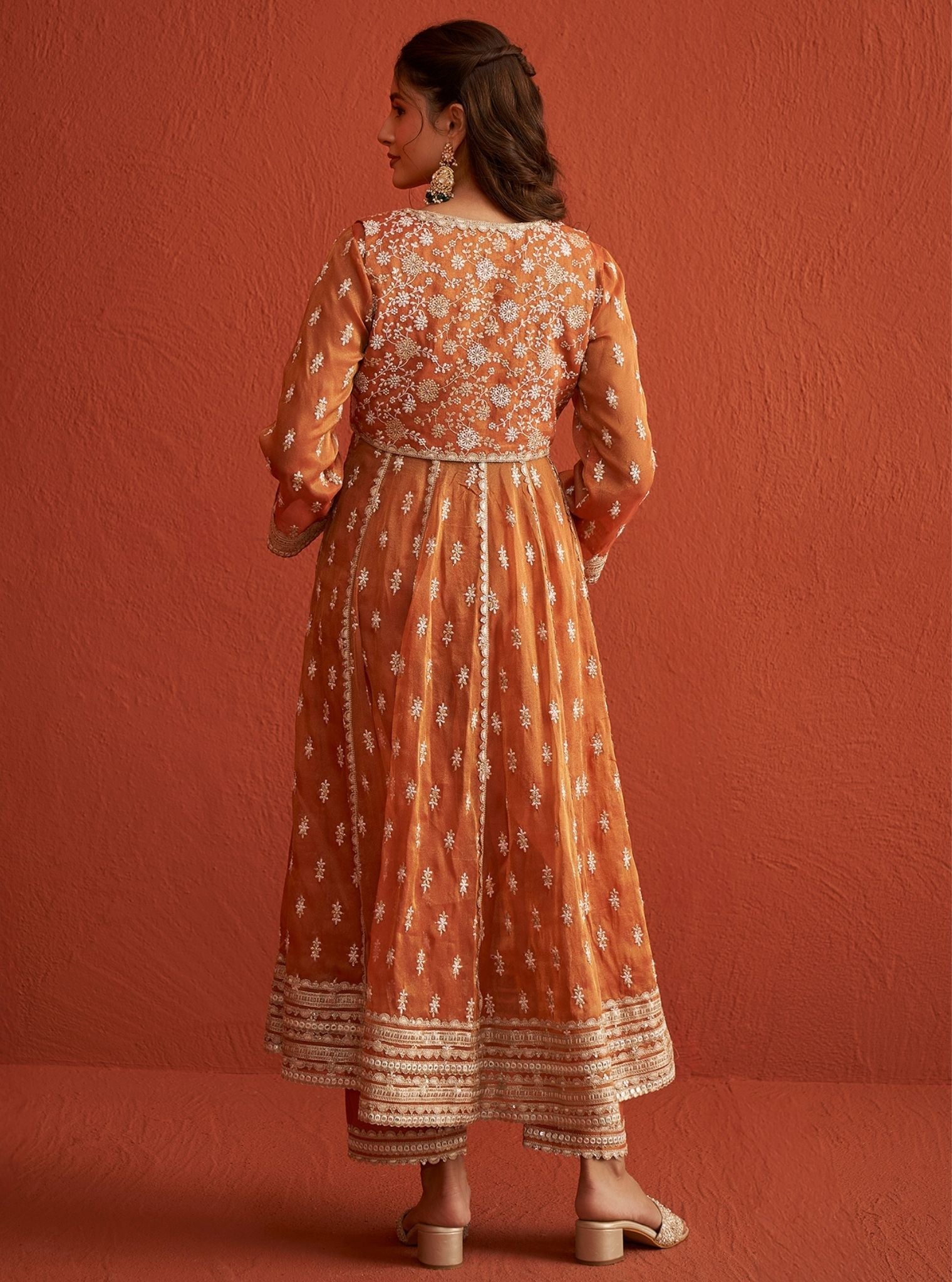 Mulmul Royal Tissue Genda Burnt Orange Anarkali Kurta With Mulmul Tissue Linen Satin Genda Burnt Orange Pant