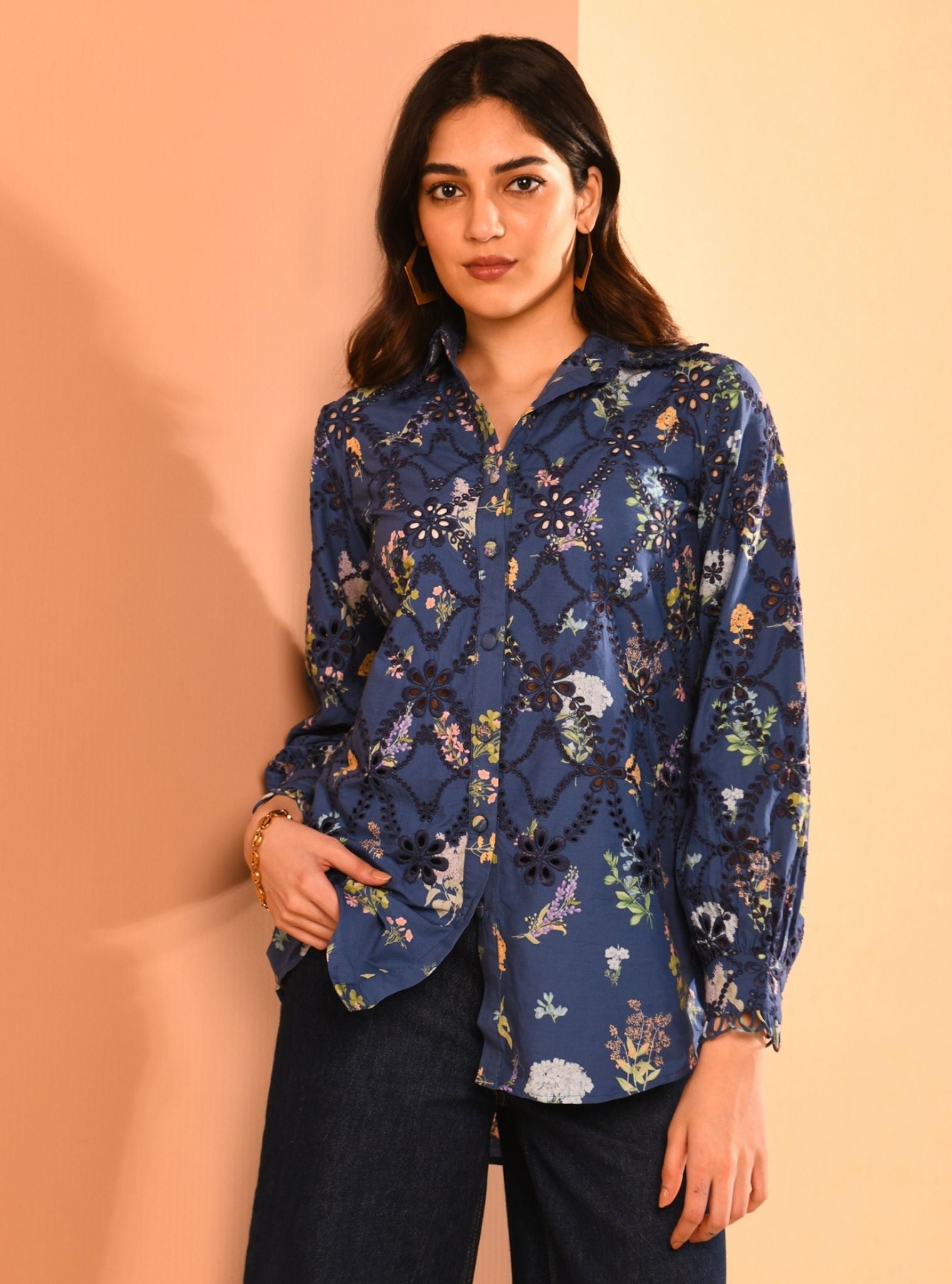 Mulmul Cotton Jem Printed Navy Shirt