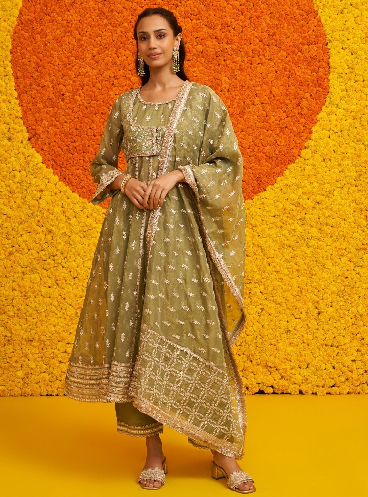 Mulmul Royal Tissue Genda Sage Green Anarkali Kurta With Mulmul Tissue Linen Satin Genda Sage Green Pant