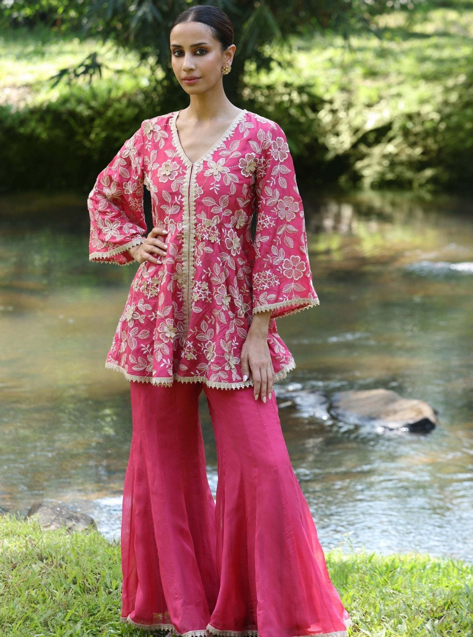 Mulmul Modal Silk Manjha Fuschia Top With Mulmul Organza Manjha Fuschia Sharara