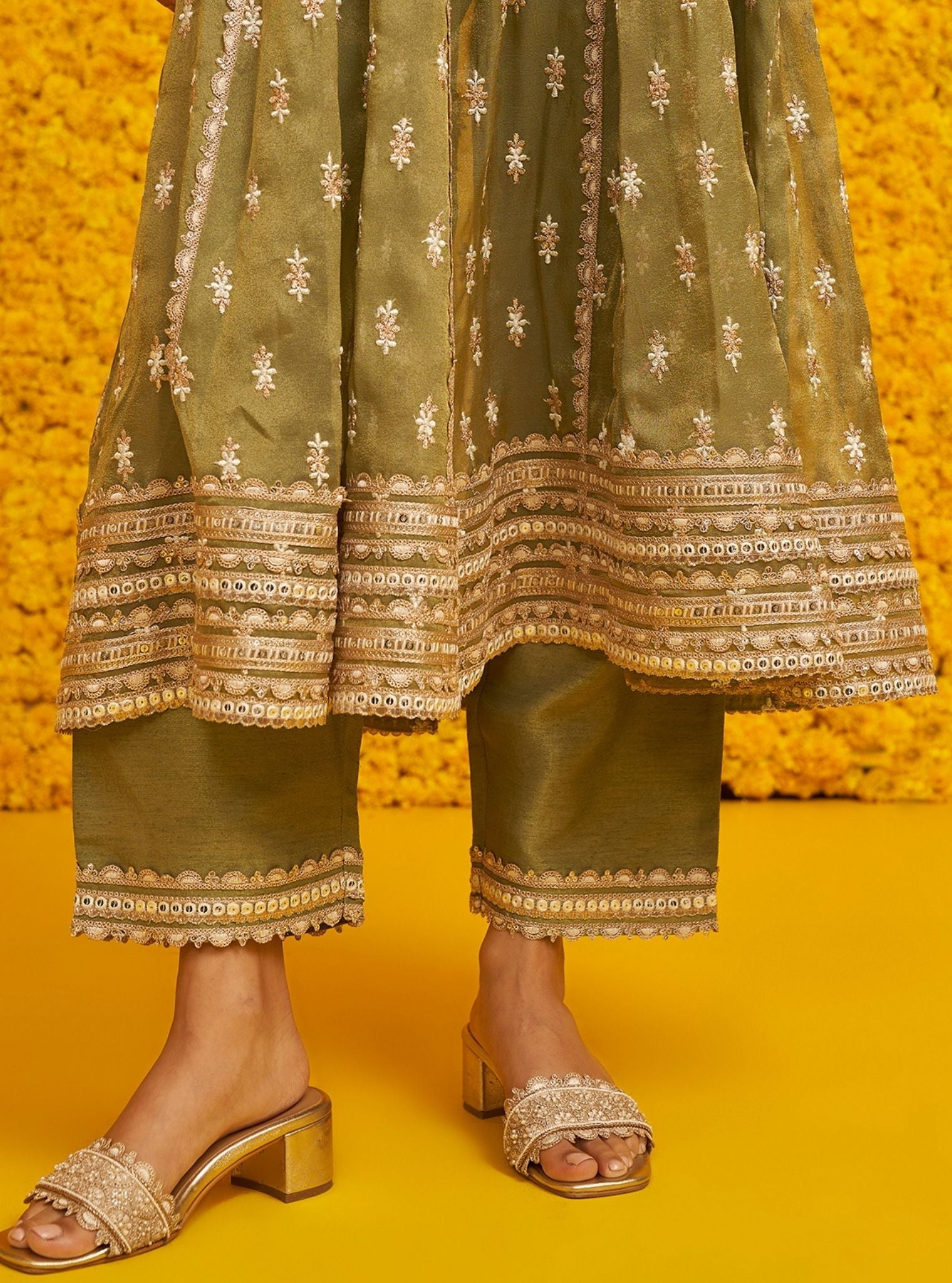 Mulmul Royal Tissue Genda Sage Green Anarkali Kurta With Mulmul Tissue Linen Satin Genda Sage Green Pant