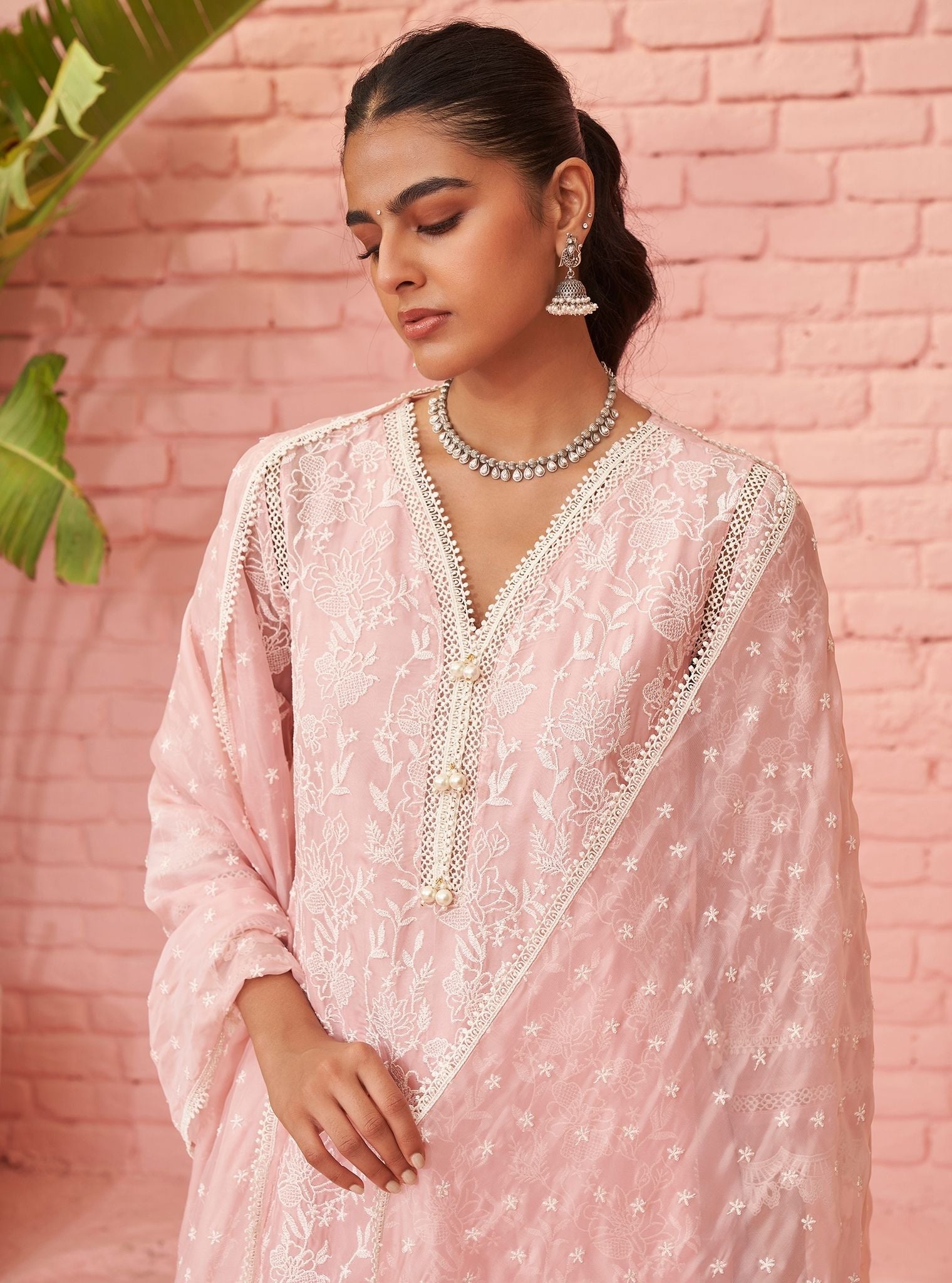 Mulmul Organza Cahya Pink Kurta With Mulmul Cotton Cahya Pink Pant