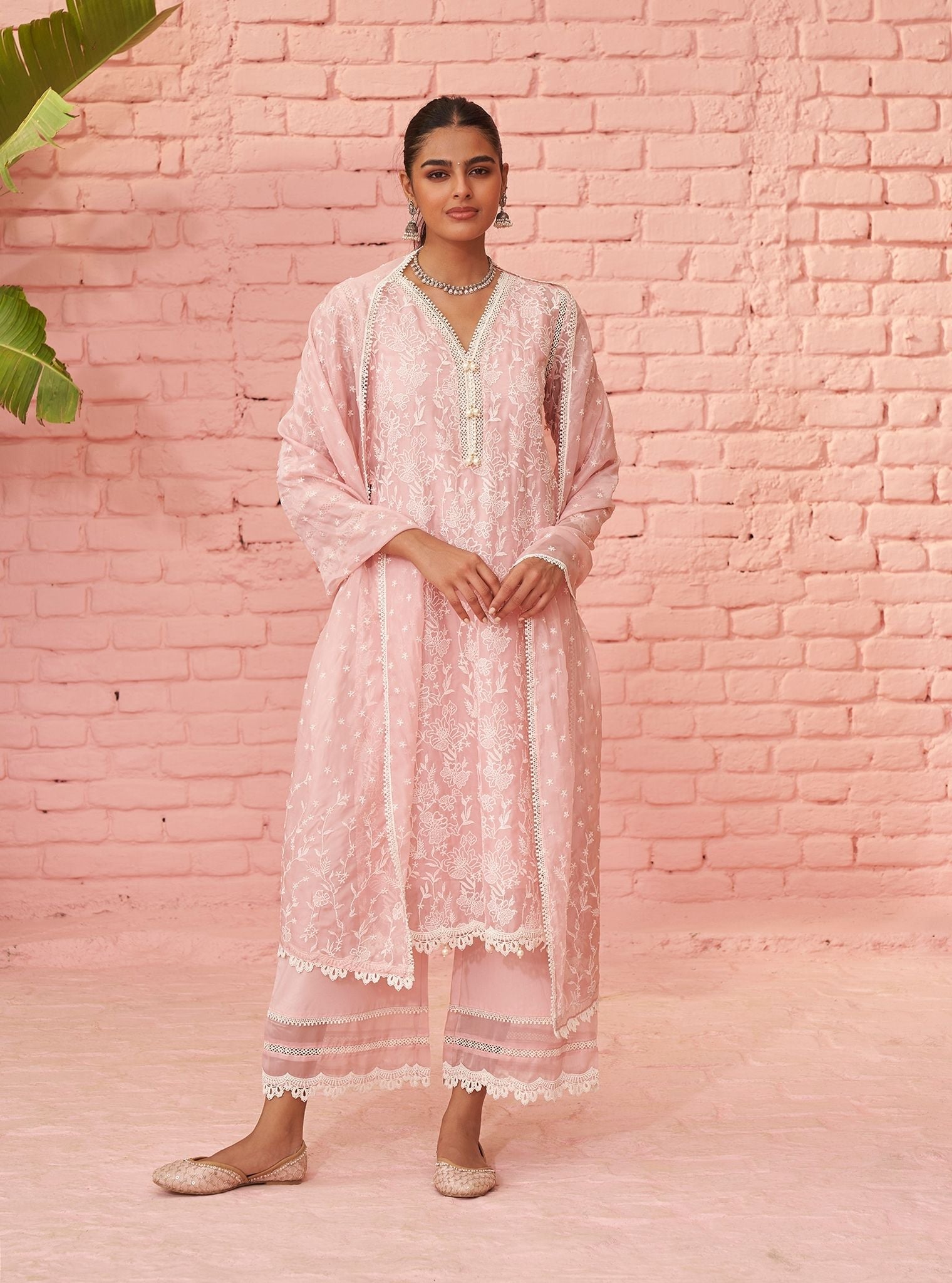 Mulmul Organza Cahya Pink Kurta With Mulmul Cotton Cahya Pink Pant