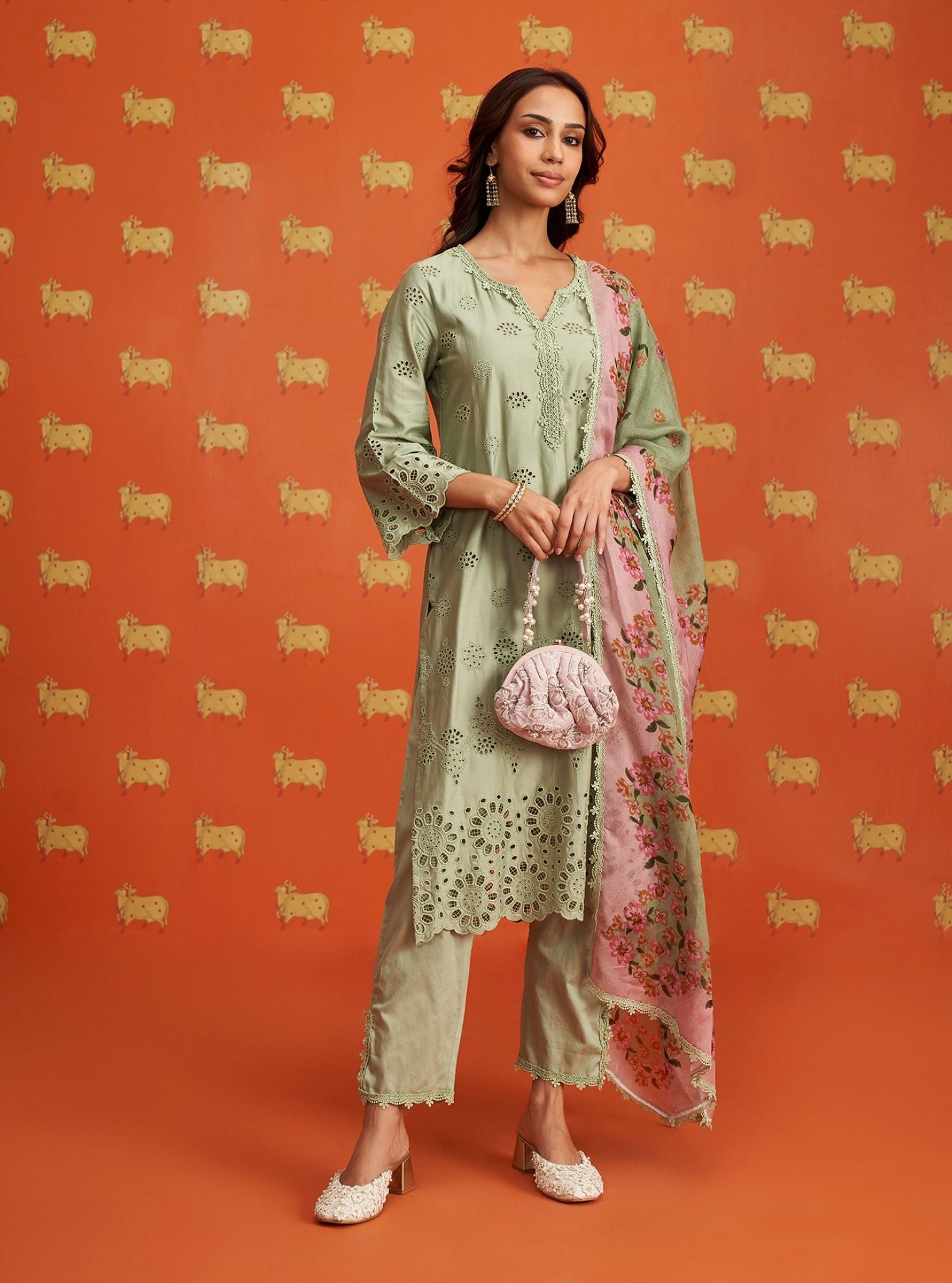 Mulmul Pima Satin Pensri Green Kurta With Mulmul Pima Satin Pensri Green Pant