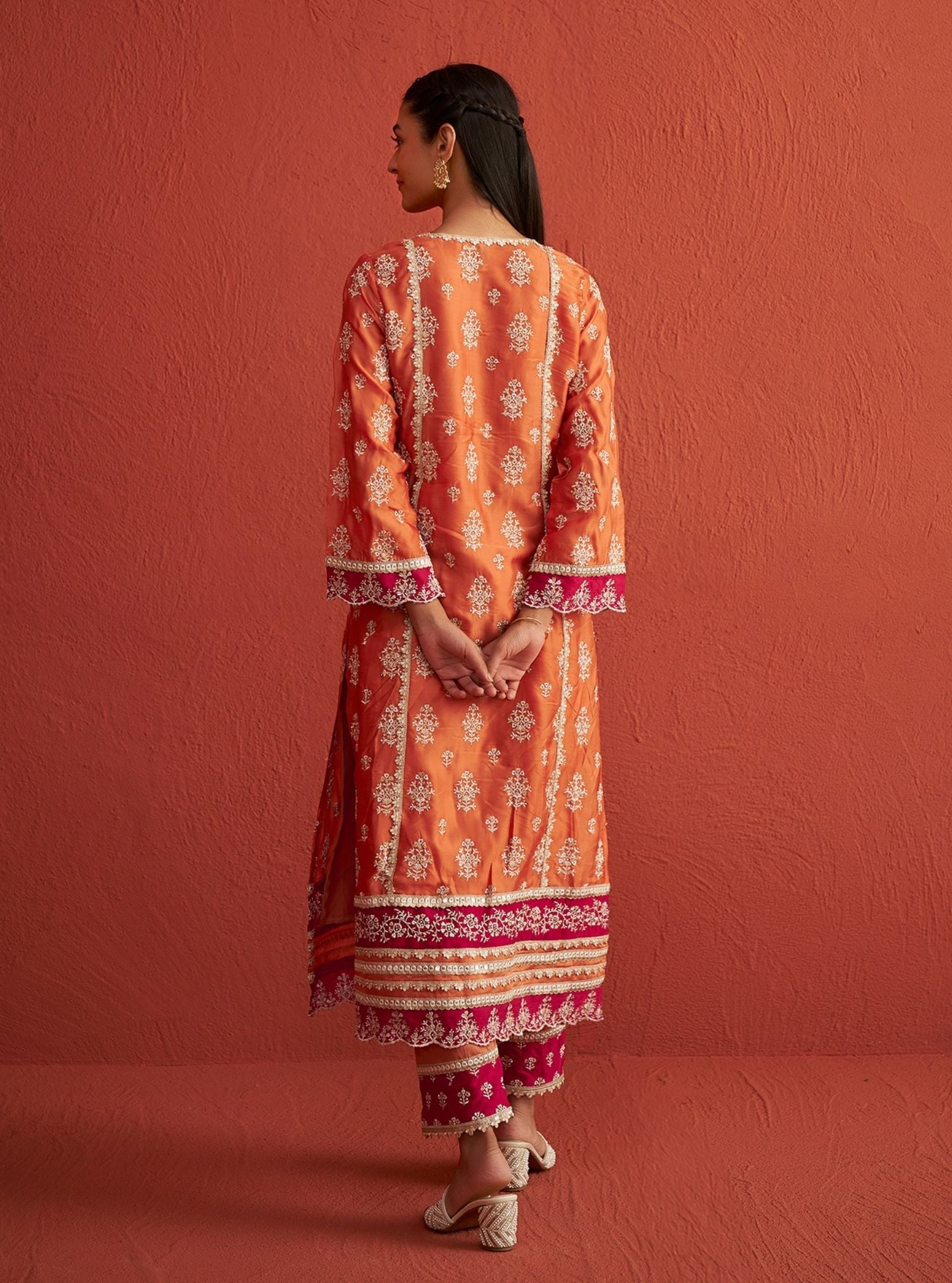 Mulmul Organza Satin Shubh Burnt Orange Kurta With Mulmul Pima Satin Shubh Burnt Orange Pant