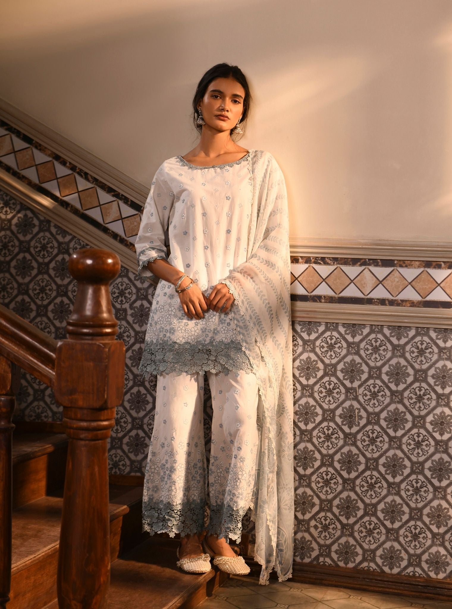 Mulmul Cotton Amiya White Kurta With Mulmul Cotton Amiya White Pant