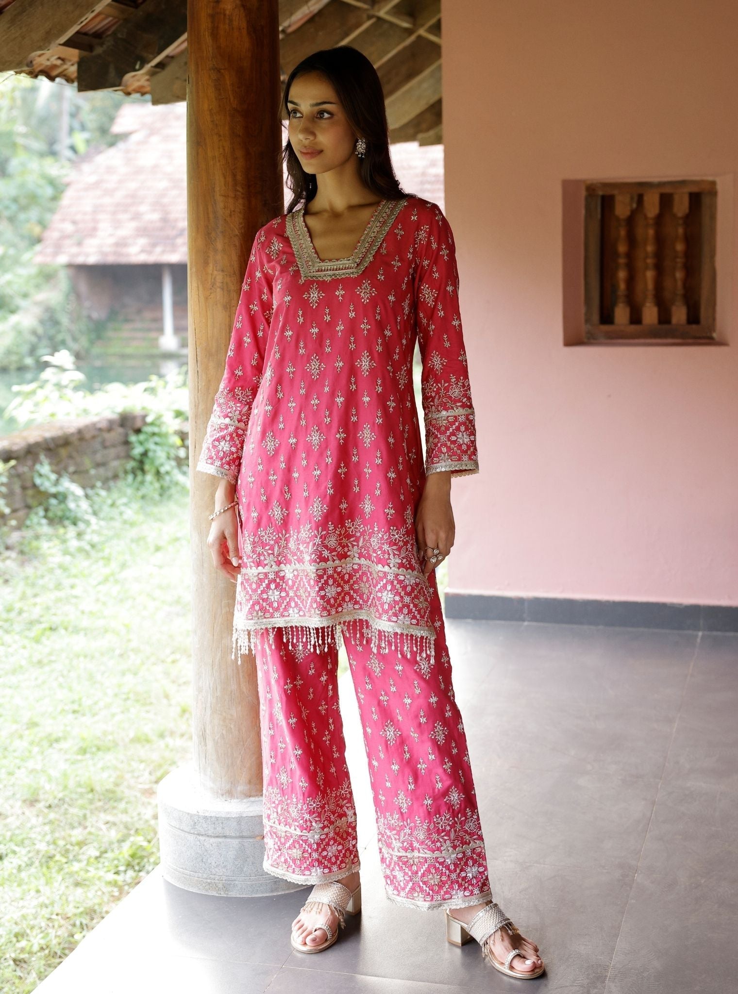 Mulmul Pima Satin Kalander Fuschia Kurta With Mulmul Pima Satin Kalander Fuschia Pant