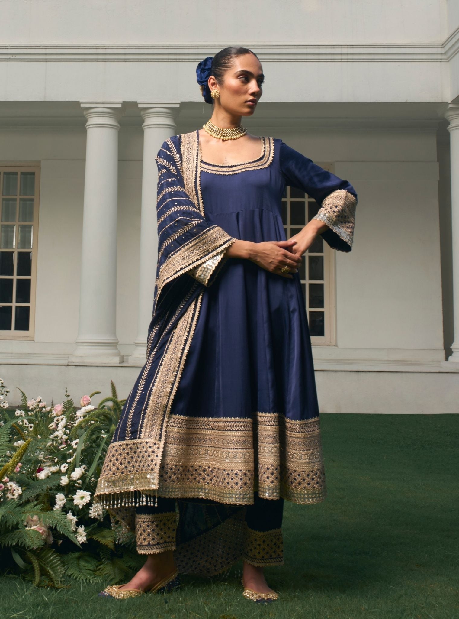 Mausami Navy Linen Satin Anarkali Kurta Set