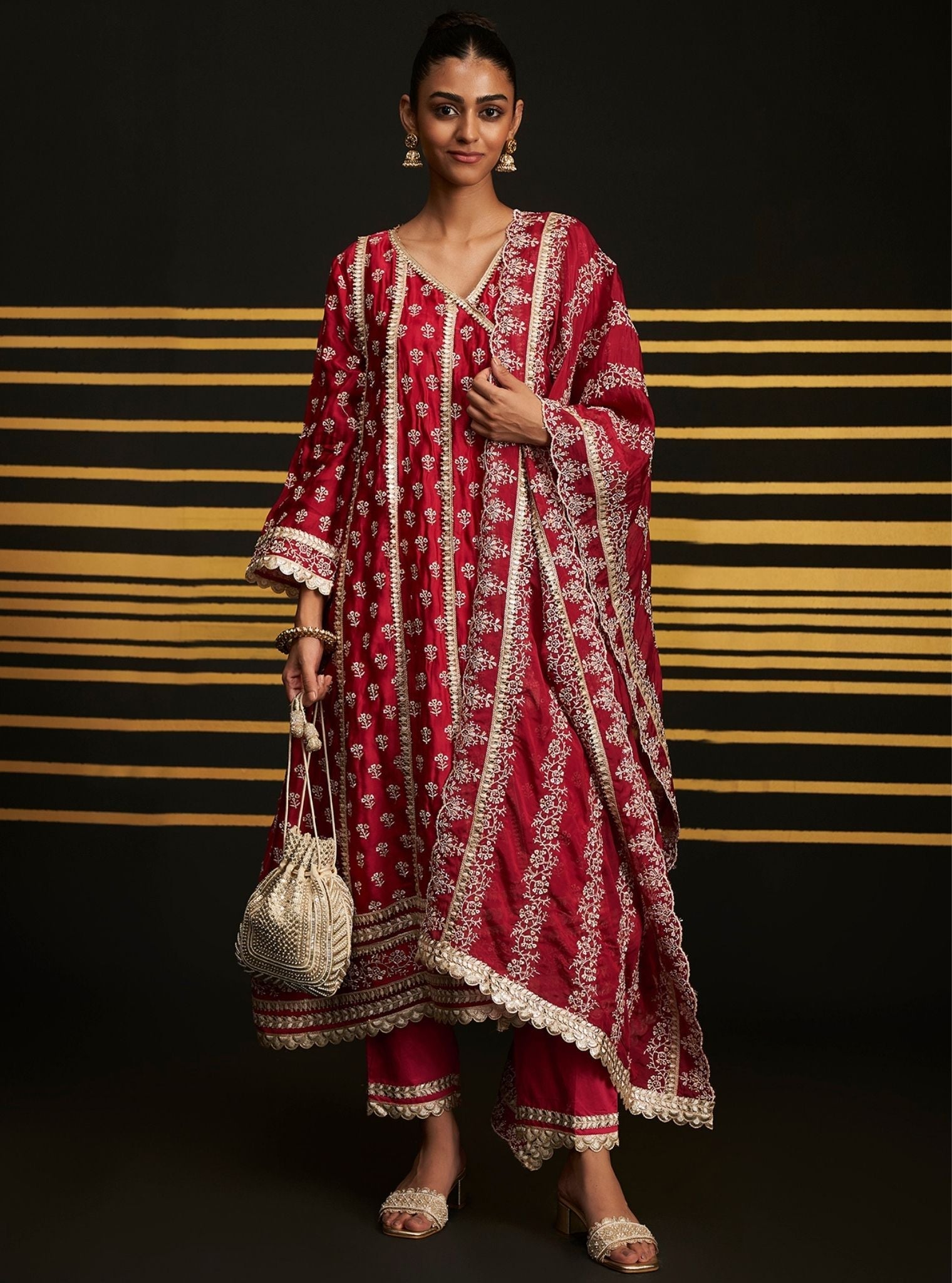 Mulmul Organza Satin Patola Fuschia Anarkali Kurta